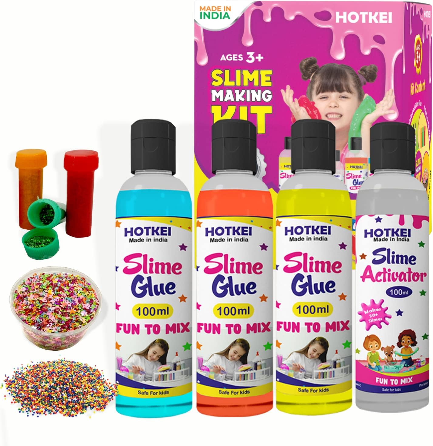 HOTKEI (Make 15+ Slimes Multicolor Scented DIY Magic Toy Slimy Slime Activator Glue Gel Jelly Putty Making kit Set Toy for Boys Girls Kids Slime Activator Making Kit 3 Colored Glue 1 Activator