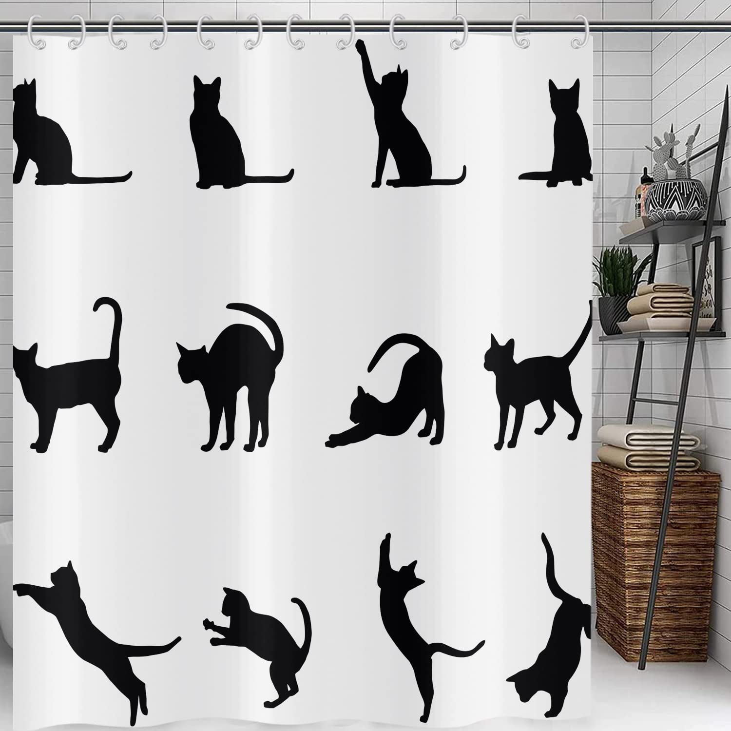 Hnmdmyi Funny Cat Shower Curtain 180x220, Black Kitten Silhouette Bathroom Curtains Kids Cute Cartoon Animal Black and White Minimalism Art Waterproof Polyester Fabric Bath Curtains for Wet Room — image 1