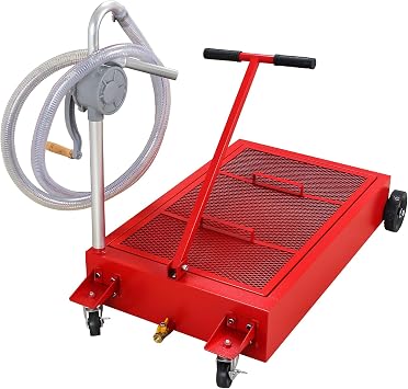 20 Gallon Oil Drain Pan Low Profile Oil Drain Tank Large Capacity Oil Change Pan with Foldable Hand, Pump, Hose, Swivel Casters Wheels Fit for Car, SUV, Trucks Oil Change Red