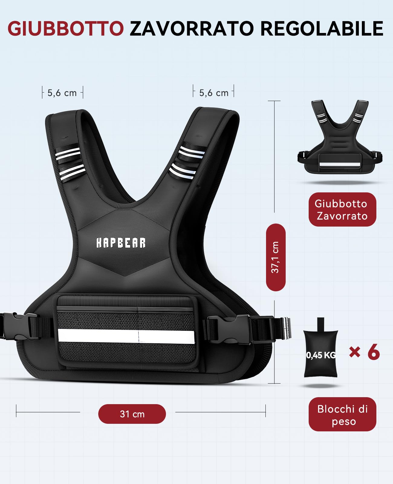 HAPBEAR Giubbotto Zavorrato Regolabile 2–15 kg, Gilet con Pesi Unisex con 6 Sacchetti in Sabbia di Ferro e Tasca Grande, Ideale per Palestra, Allenamento, Crossfit