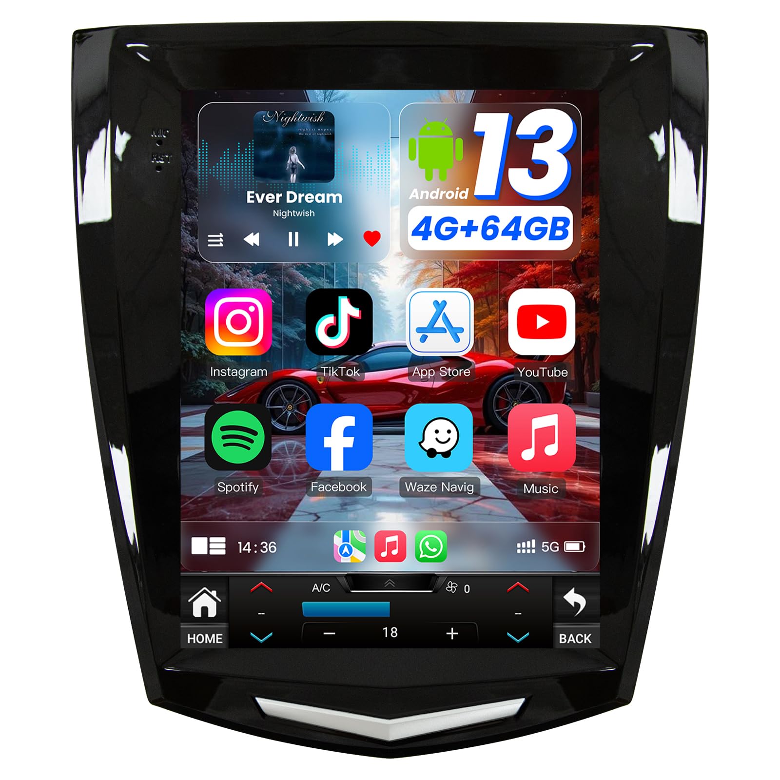 Jufodrca 9.7-inch HD Touch Screen Car Radio installed in a Cadillac dashboard