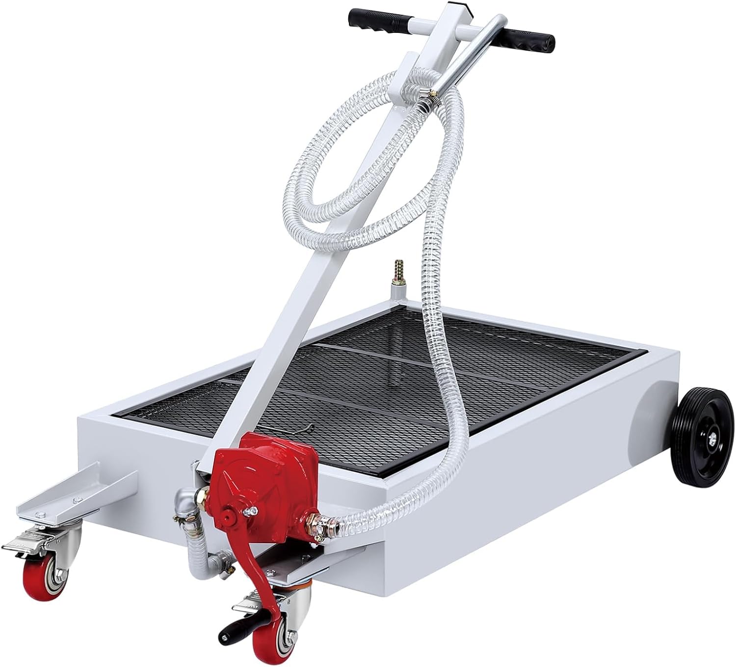 15 Gallon Low Profile Oil Drain Pan, Oil Drain Cart with Manual Pump, 8 ft Hose & t Folding Handle, Rolling Metal Oil Change Pan for Cars, Trucks, Buses, RVs, SUVs, ATVs, Garage, Workshop, White