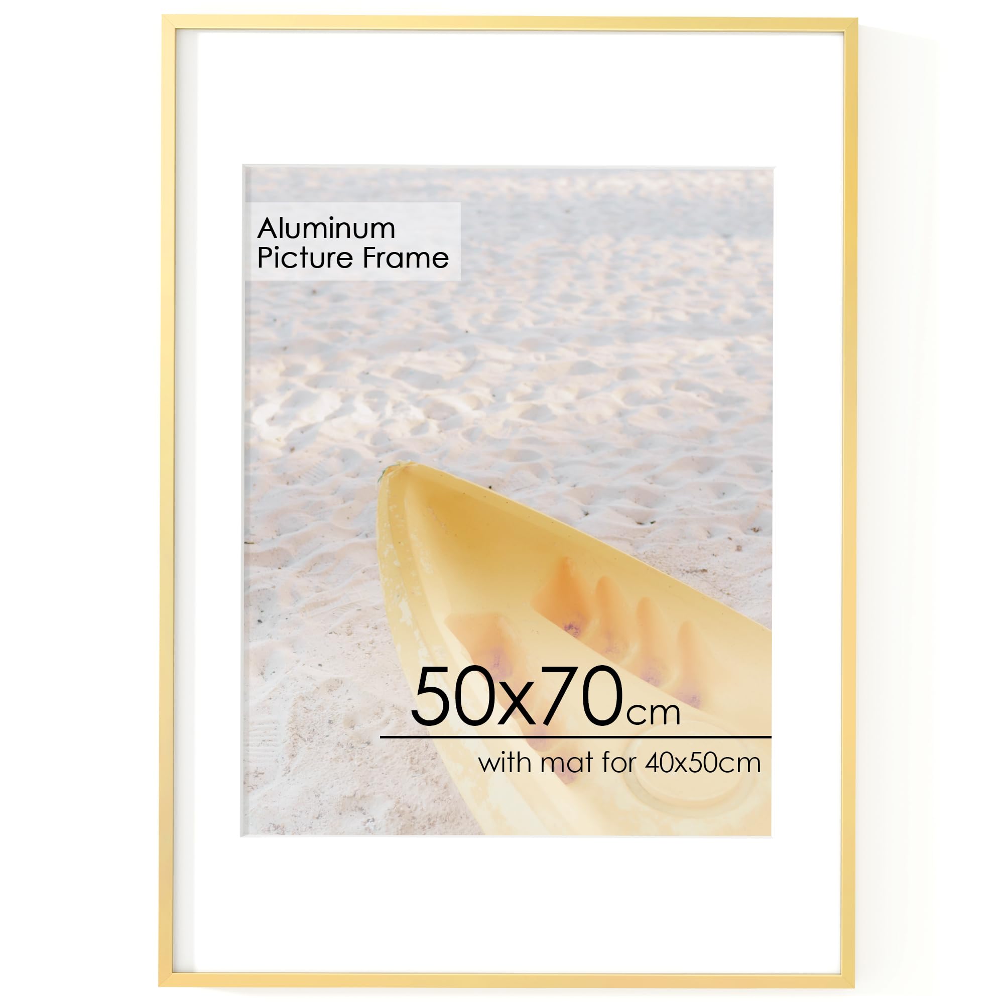 FLYJOE 50x70cm Frame | 50x70 Poster Frame With Mat For 40x50 | Metal Aluminum Picture Frame With Tempered Glass | Minimalist Modern Poster Frame | Hanging Hardware Included | Gold โ image 1
