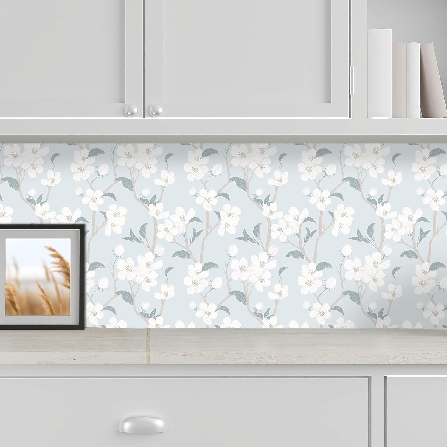 VaryStyle 17.7"x393" Cherry Blossom Wallpaper Light Blue and White Sakura Tree Floral Wallpaper Peel and Stick Decorative Flower Wall Murals Waterproof Vinyl Blue Contact Paper for Bathroom Shelves