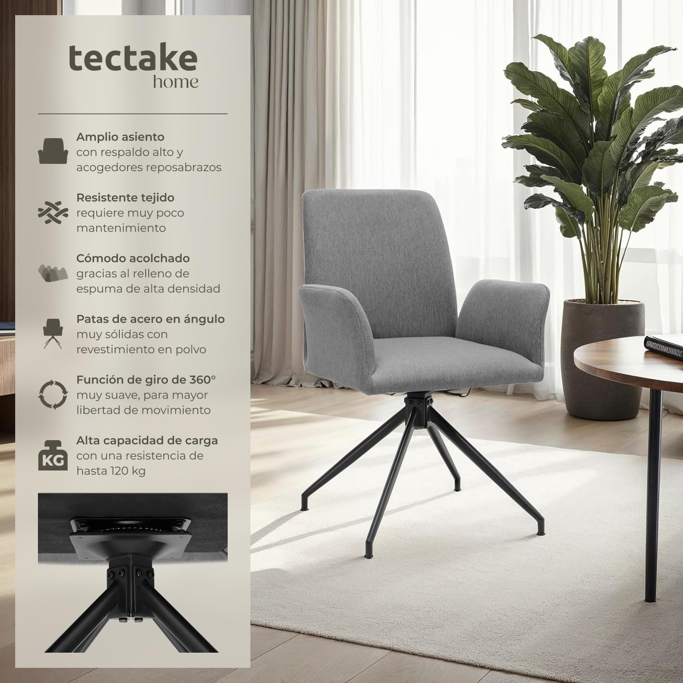 tectake® Silla Comedor Nordica Acolchada con Reposabrazos, Sillas Giratorias, Sillas Cocina Moderna, Silla Salon Comedor, Butaca Dormitorio, Muebles Salon Modernos, Rotación 360 ° - Set de 2 Antracita