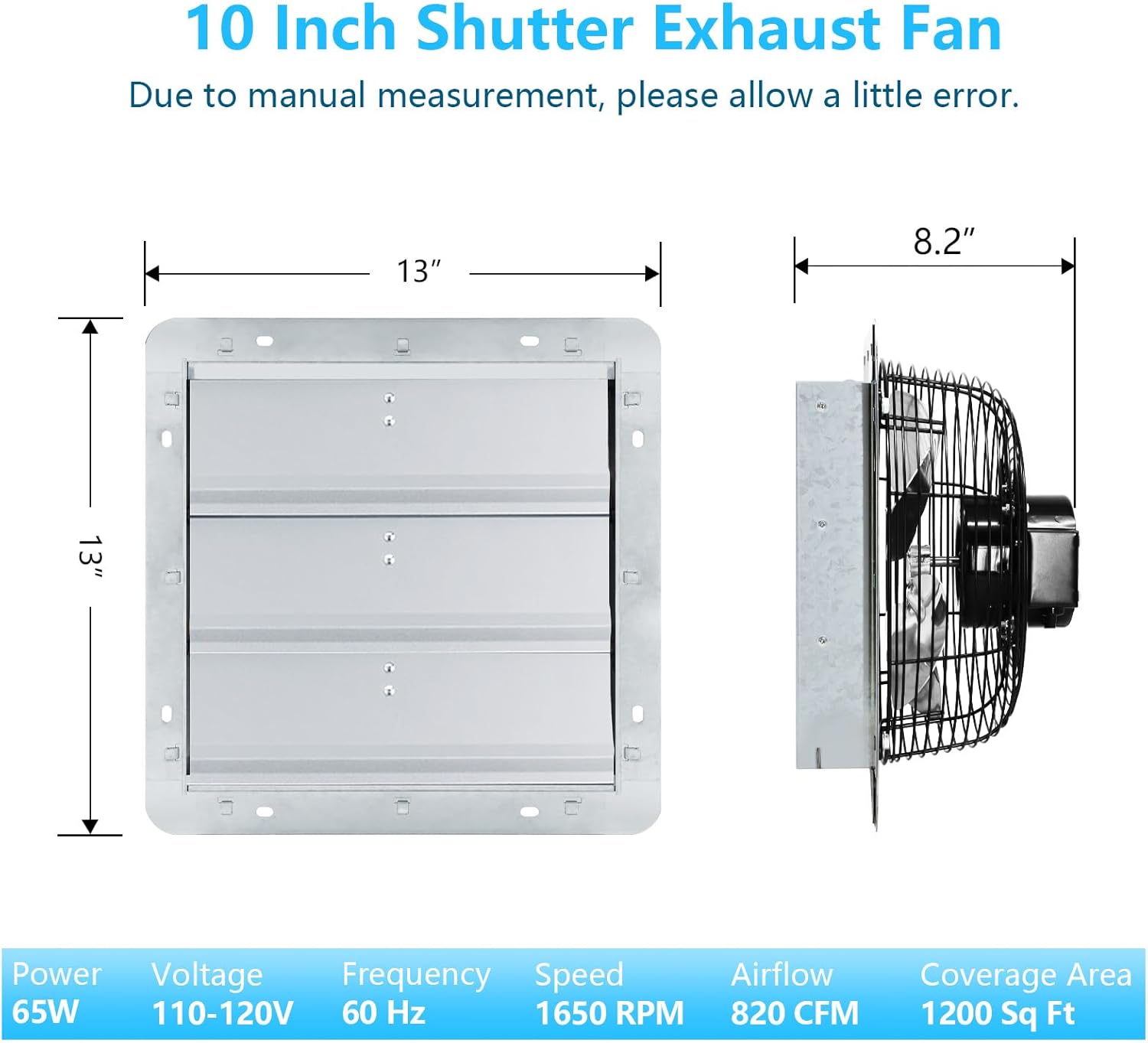 10 inch Shutter Exhaust Fan with Speed & Thermostat Control, 1200 SQ.Ft Coverage Area, 820 CFM, Upgrade Wall Mount Attic Vent Fan for Greenhouse, Garage, Chicken Coops Ventilation Fans