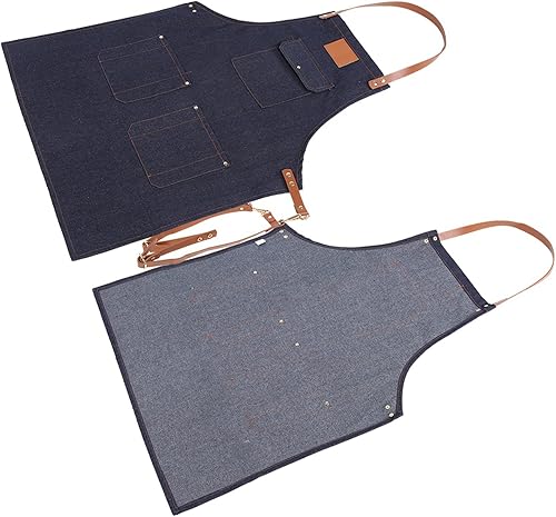 Miniatura 3 de Delantal de chef, delantal de mezclilla con correa de cuero, delantal de cocina con 3 bolsillos, delantal de cocina para panadero, barma, barbacoa,