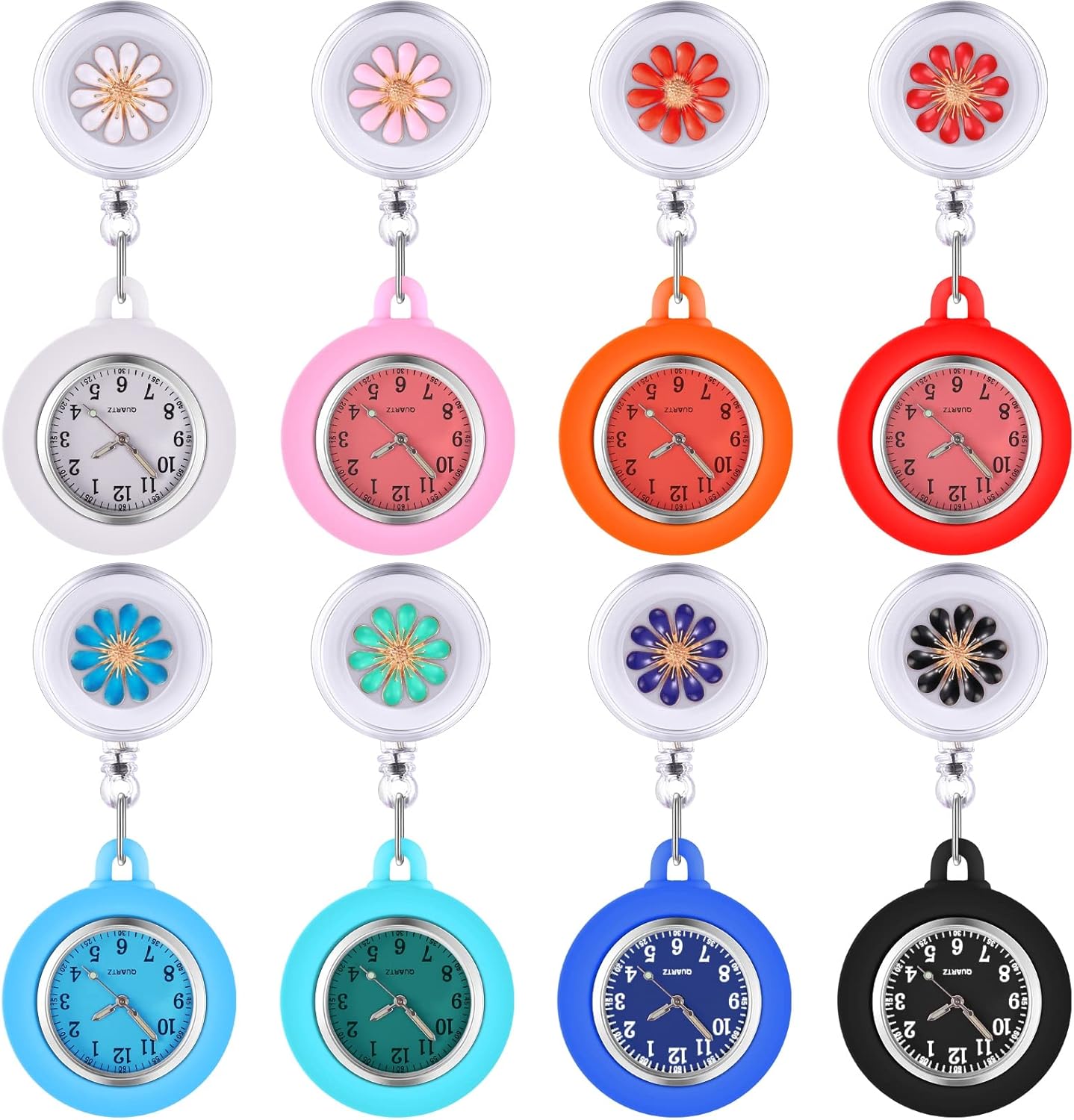Outus 8 Pieces Retractable Nurse Watch Silicone Lapel Nurse Watch with Second Hand Clip on Watch Stethoscope Watch Nurse Fob Watch for Doctor Nurse Women and Men, 8 Colors (Floral Style)