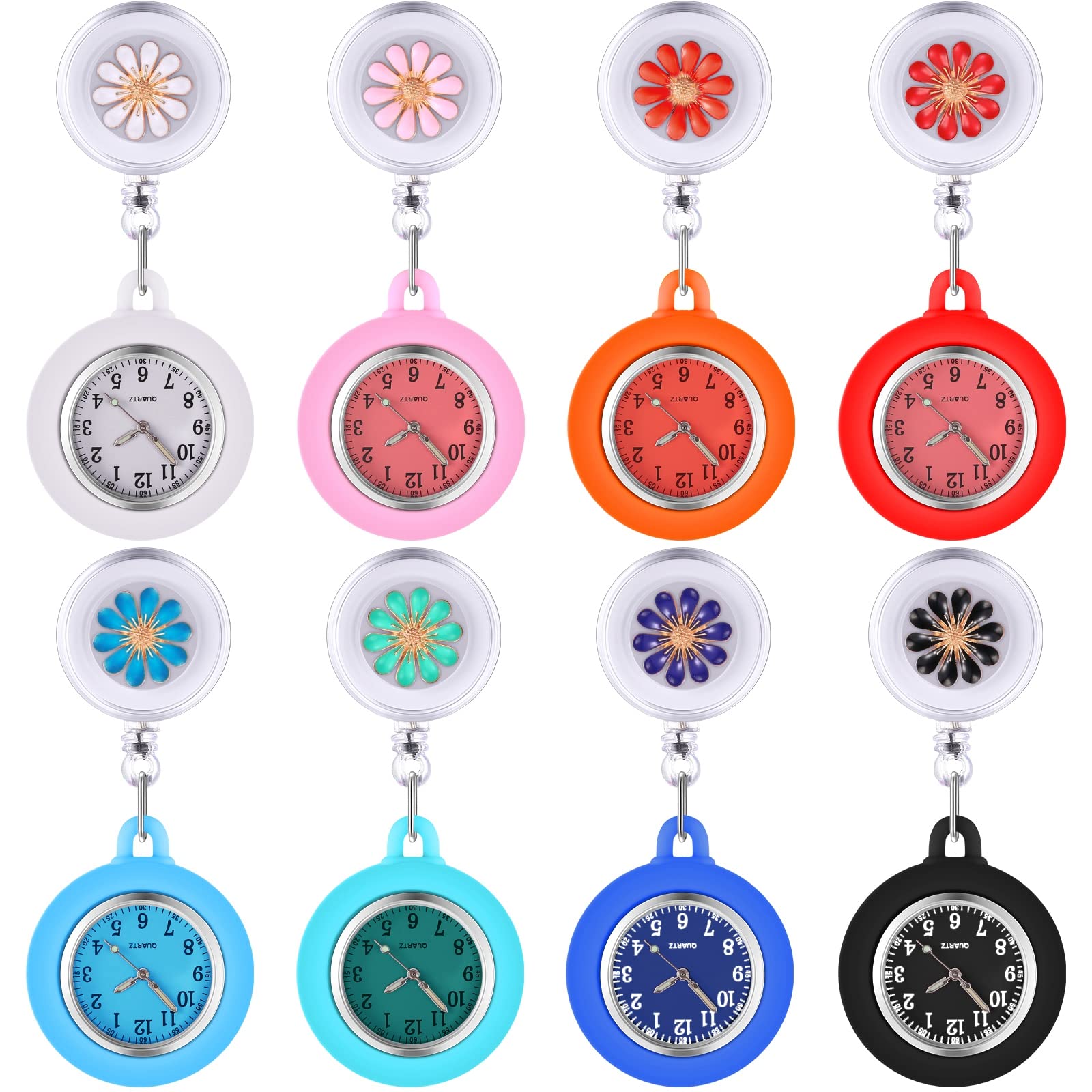 Outus 8 Pieces Retractable Nurse Clip on Badge Watch Silicone Dark Glow Pocket Fob Stethoscope Reel Nurse Watch for CNA Week Gift(Floral)