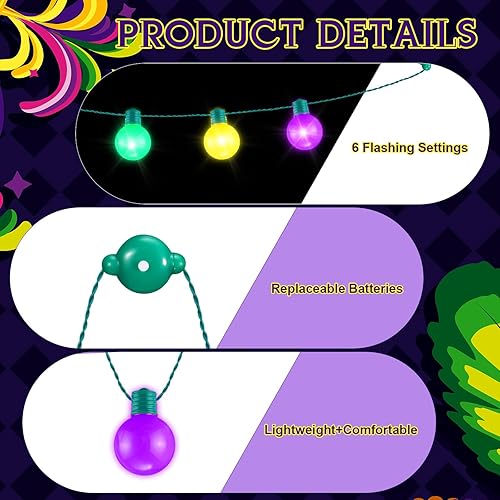 Miniatura 3 de 12 collares con bombillas LED de Mardi Gras, morado, verde, dorado, con 6 modos de iluminación para suministros de fiesta de Mardi Gras, accesorios