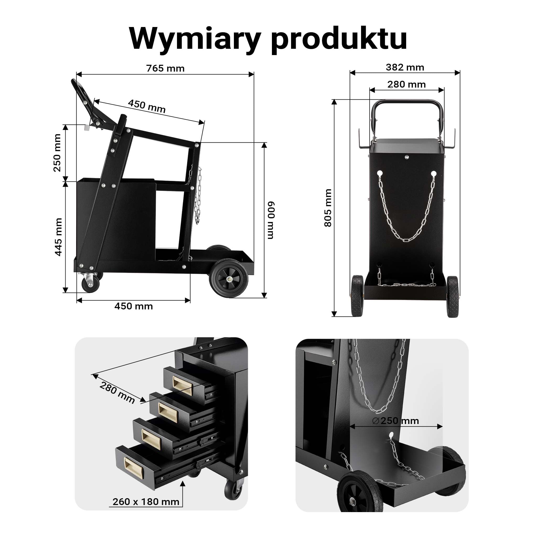 Wiltec Wózek spawalniczy na spawarkę i butlę gazową z 4 szufladami, nośność do 100 kg, ze stali, wytrzymały mobilny na akcesoria spawalnicze