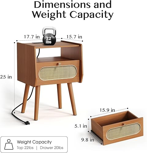 Miniatura 2 de Juego de 2 mesitas de noche modernas de mediados de siglo, mesita de noche de ratán con estación de carga, mesa auxiliar bohemia con almacenamiento