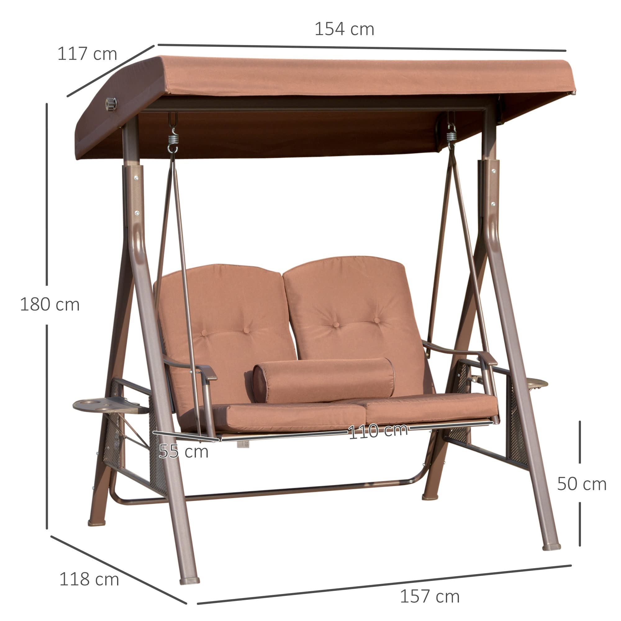 Outsunny Dondolo da Giardino 2 Posti con Tettuccio Regolabile e Vassoio Porta Bicchieri, in Acciaio e Poliestere, 157x118x180cm, Marrone