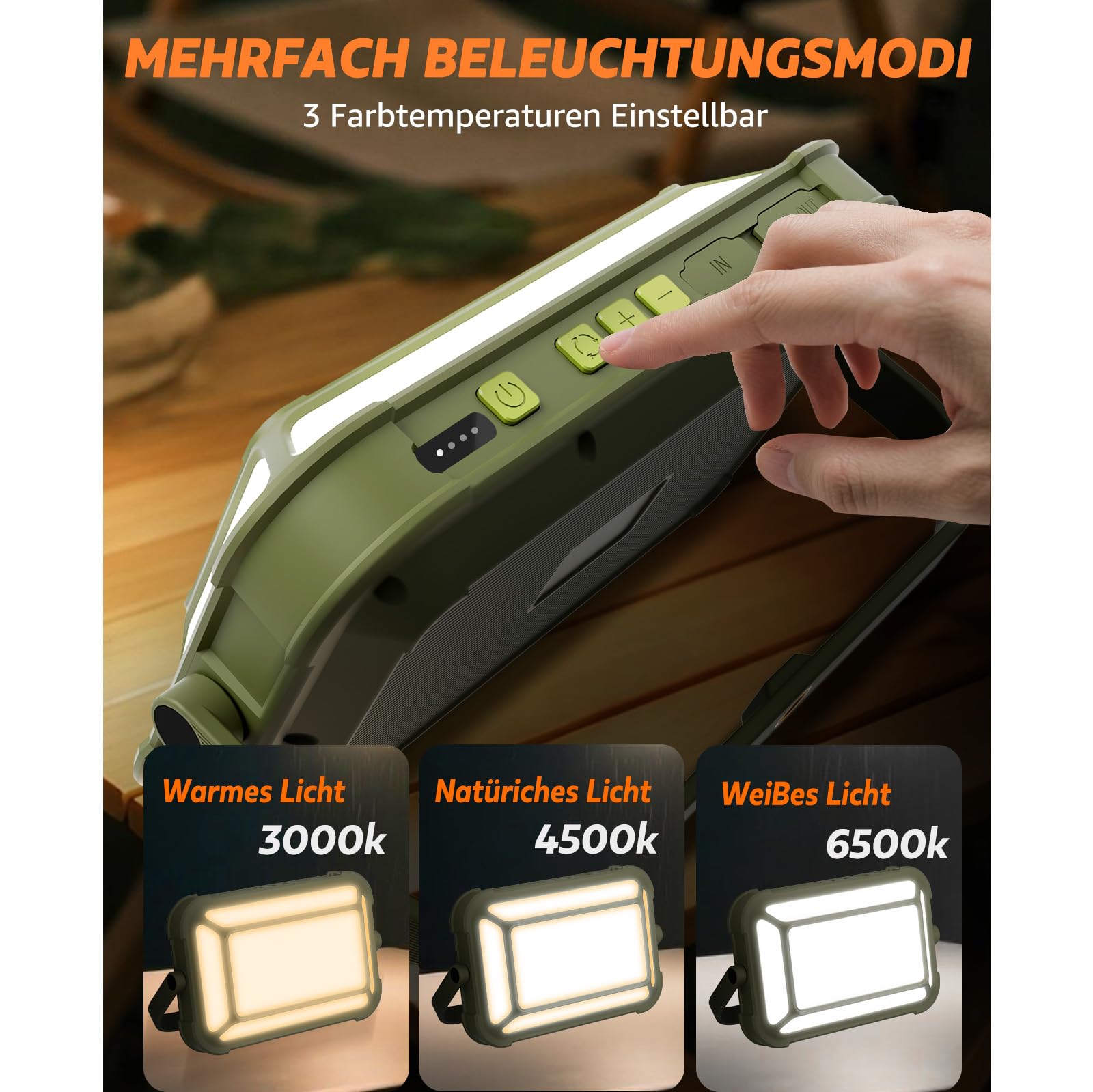 Campinglampe, IP65 Wasserdicht Tragbar Aufladbar Zeltlampe für Camping mit 3 Farben/SOS-Funktion/10000mAh Akku/USB-C, LED Camping Licht für Stromausfällen, Hurrikanen, Wandern, Zelten