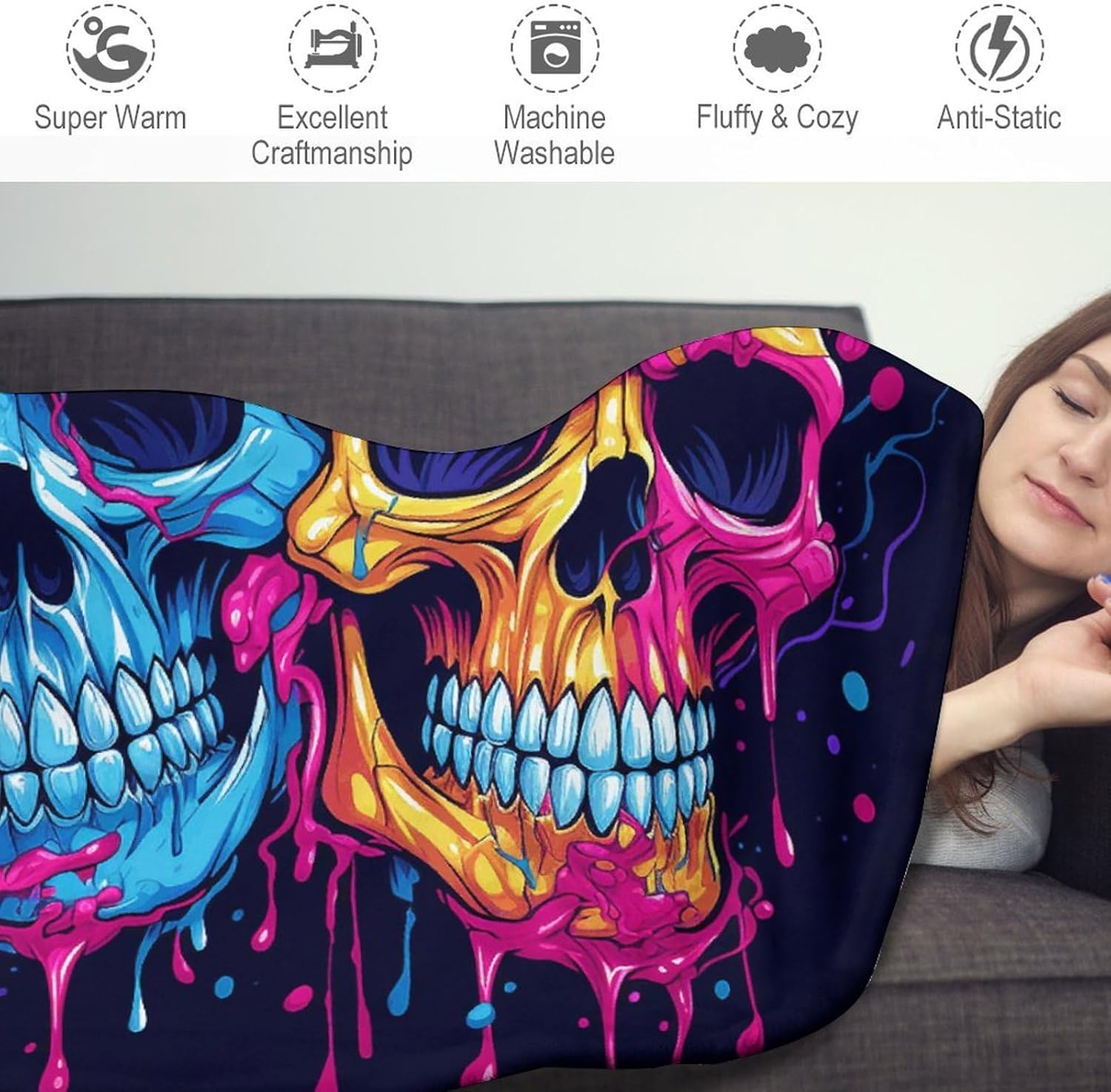 Two Different Skulls Blanket Round Beach Tapestry Flannel Round Tablecloth Boho Beach Blanket Home Decor Indie Rug Comfortable Yoga Mat for Multi Scenario Usage