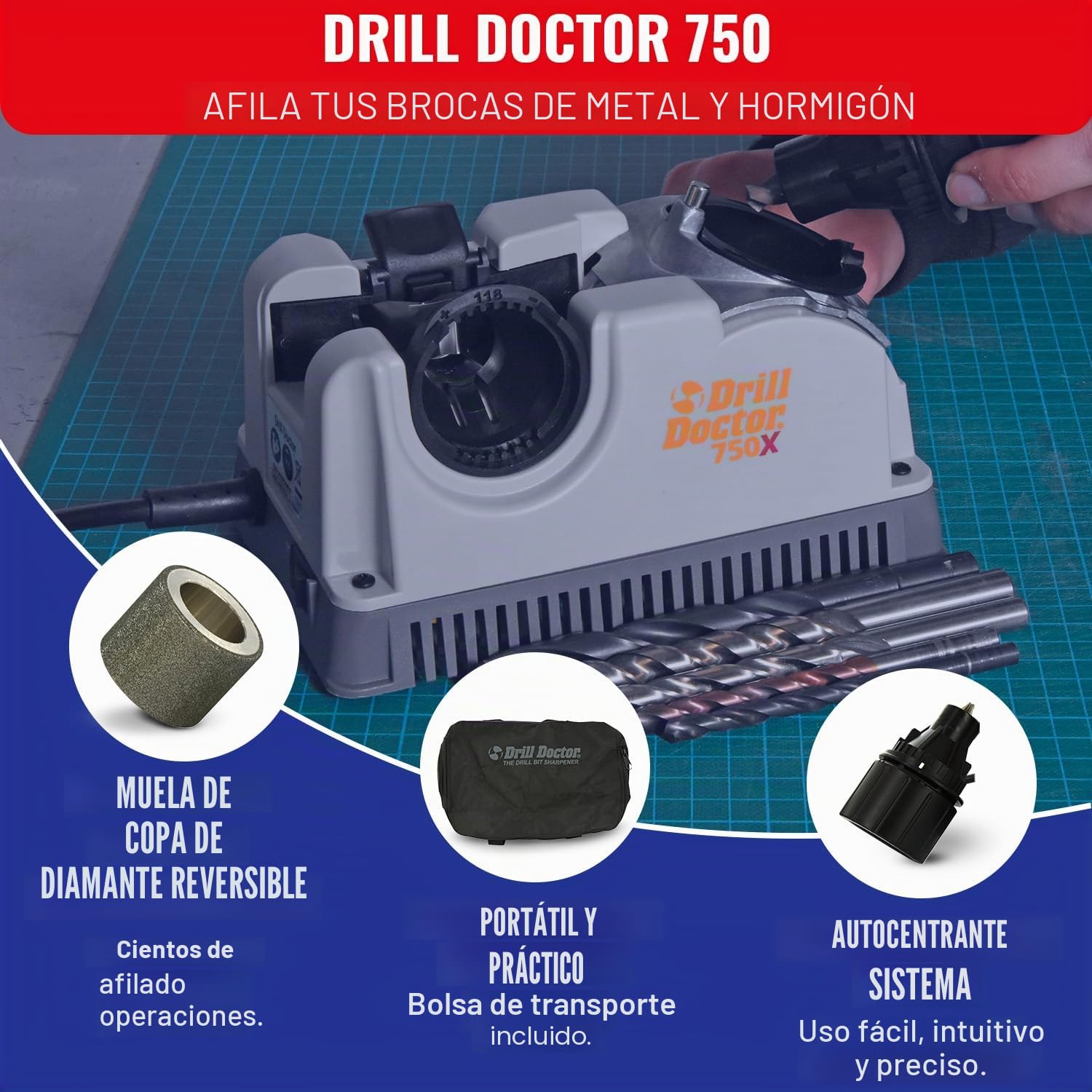 Tivoly Drill Doctor 750 - Afiladora de brocas (de 2,5 a 19 mm, punta 118º y 135º)