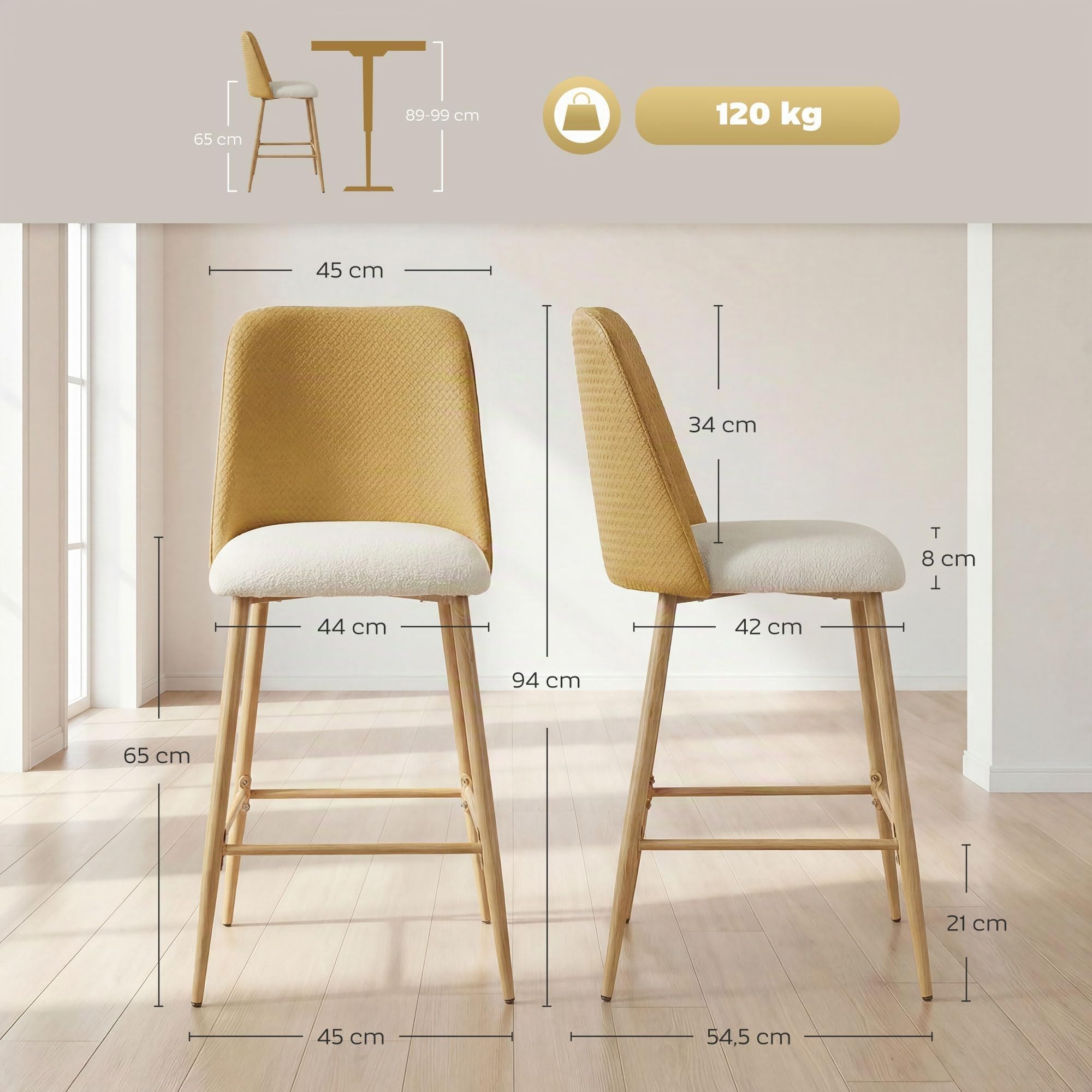 HOMCOM Juego de 2 Taburetes de Bar con Respaldo, Reposapiés Marrón | Taburetes Altos de Cocina, Respaldo Efecto Tejido con Lino Cepillado y PU, Marco de Acero, Asiento de 65 cm de Altura