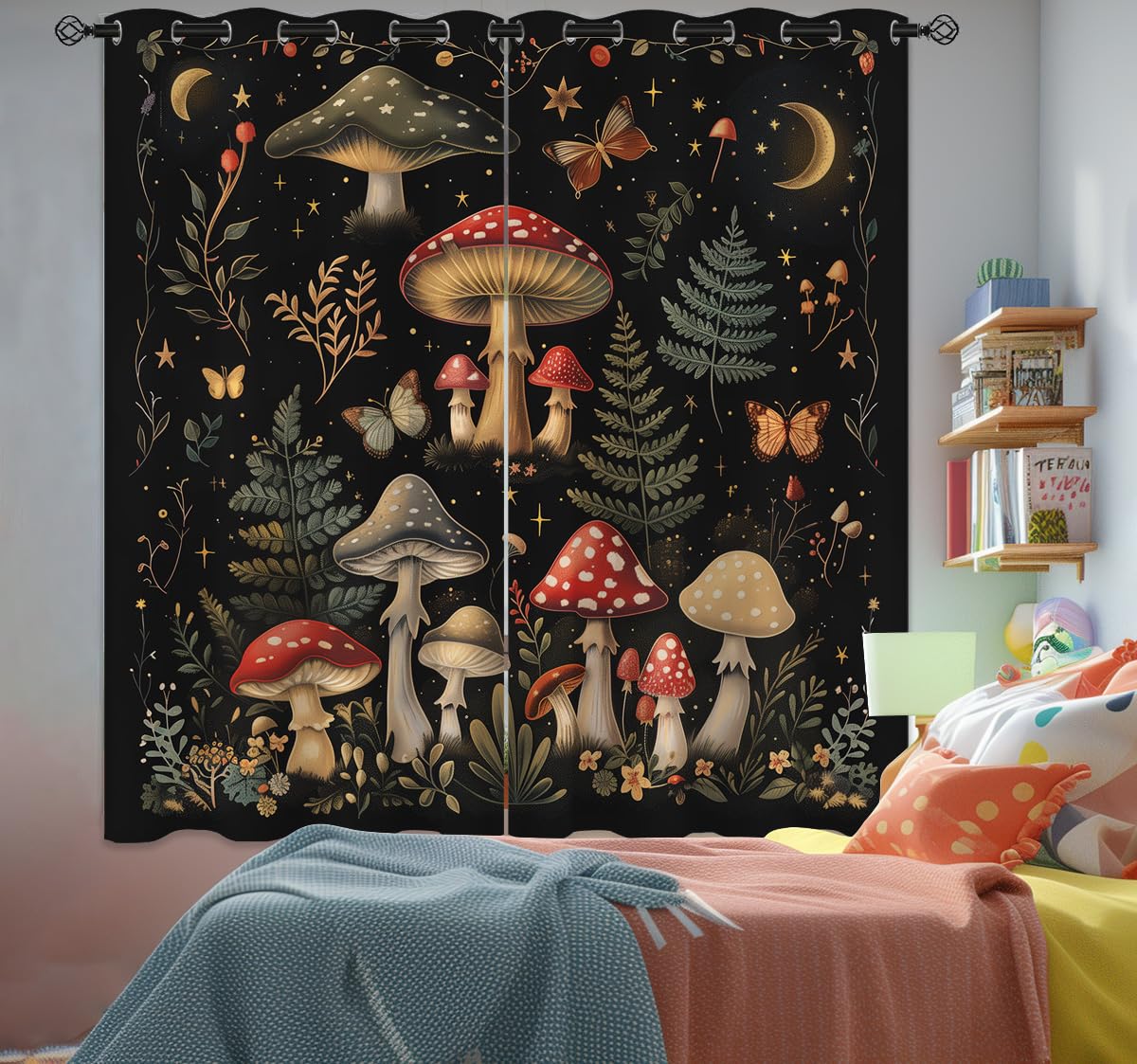 Boho Mushroom Blackout Curtains for Girls Boys Teens Home Decor, Witchy Botanical Floral Moth Moon Grommet Thermal Insulated Drapes Darkening Window Curtain for Bedroom Living Room, 55 x 63 Inch