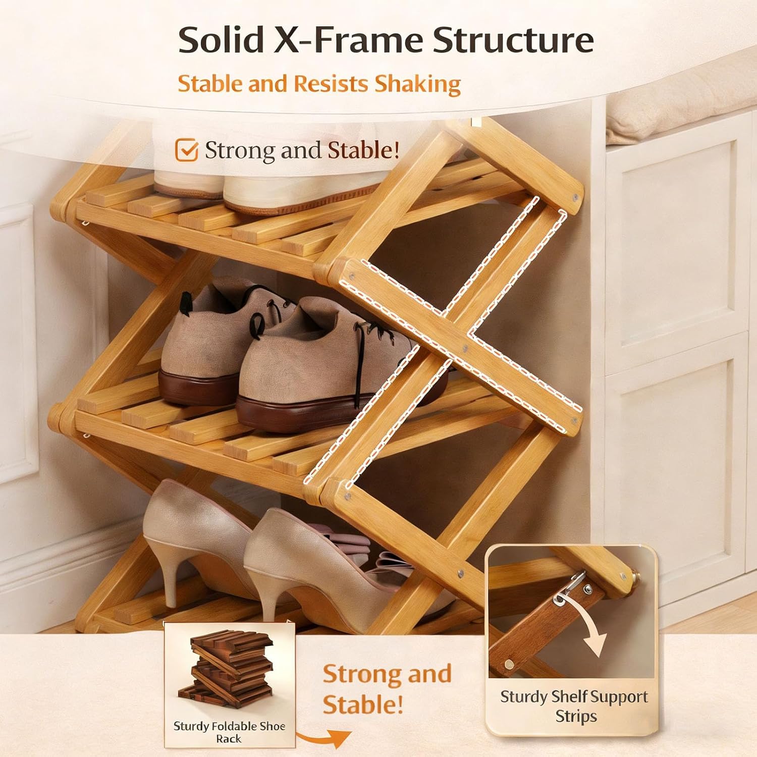 The 9 Tier Bamboo Shoe Rack, 9 Tier No-Assembly Portable Folding Shoe Storage Rack, Foldable Storage Shelf for Narrow Space, Bedroom, Living Room (Wood Color,8 Layer)