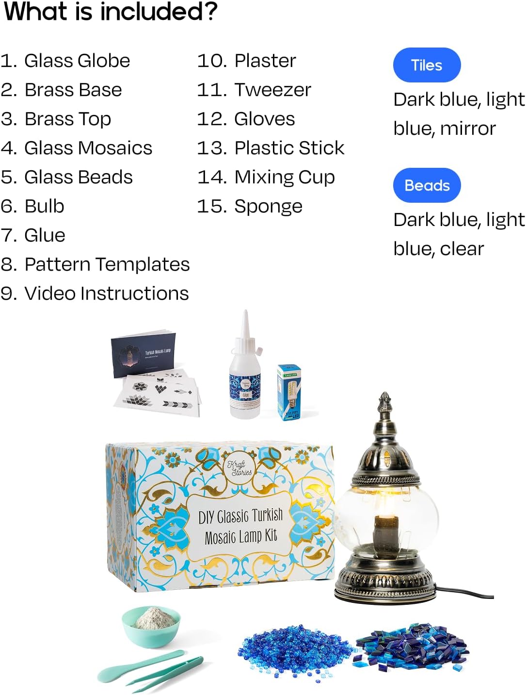 KRAFTSTORIES DIY Turkish Mosaic Lamp Kit – Create Your Own Colorful Glass Table Lamp | Handmade Arts & Crafts Kit for Adults | Moroccan Boho Unique Gift Idea, Includes All Materials (Blue)