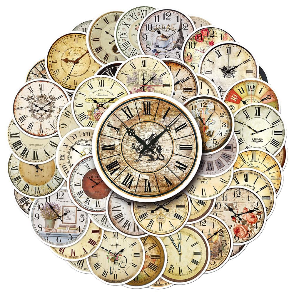 50 PCS Vintage Clock Stickers Pack – Delightful Retro Object Waterproof Vinyl Decal Stickers for Water Bottles Laptop Luggage Tumbler Skateboard
