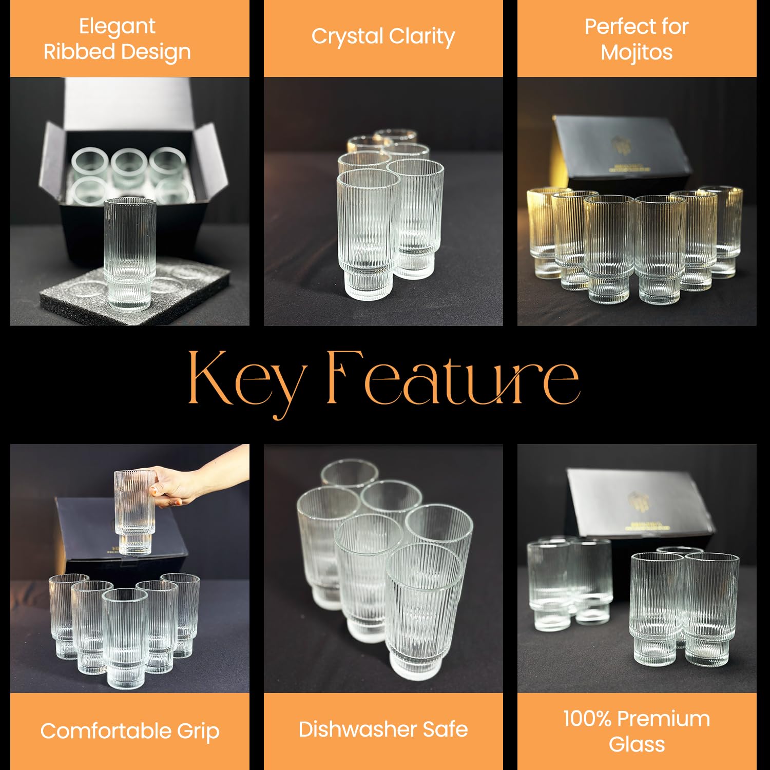 Melbify Ribbed Mocktail Glasses | Set of 6 | 350 ml | Highball Cocktails Glasses | Tall Glasses for Cocktails | Long Island Cocktail Glasses | Unique LIIT Juice Glasses, Transparent 1