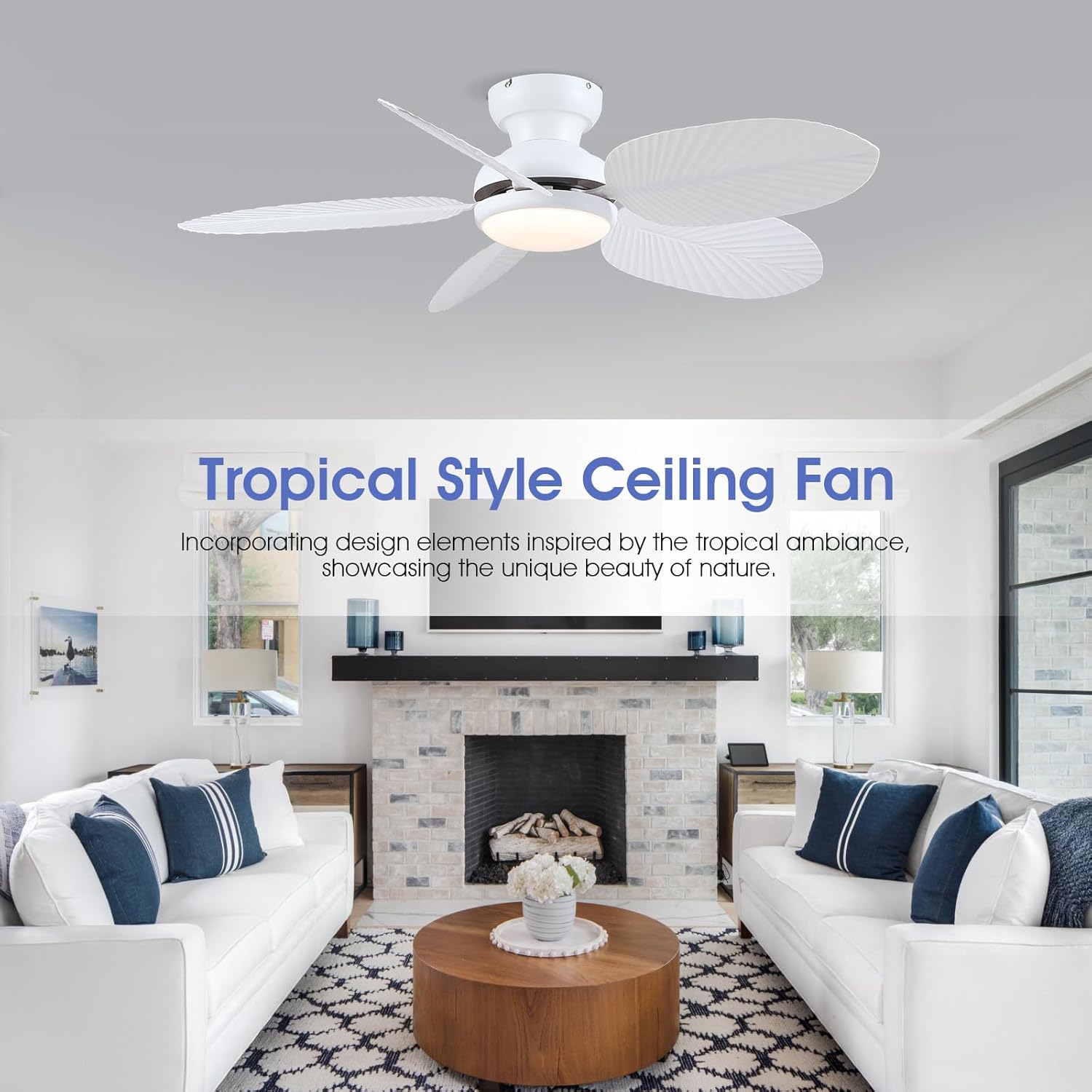 Kviflon Tropical Ceiling Fans with Lights and Remote/APP Control, 45 Inch Low Profile Flush Mount Ceiling Fans, Palm Leaf Ceiling Fan with Light for Bedroom Patios Porch Outdoor, White