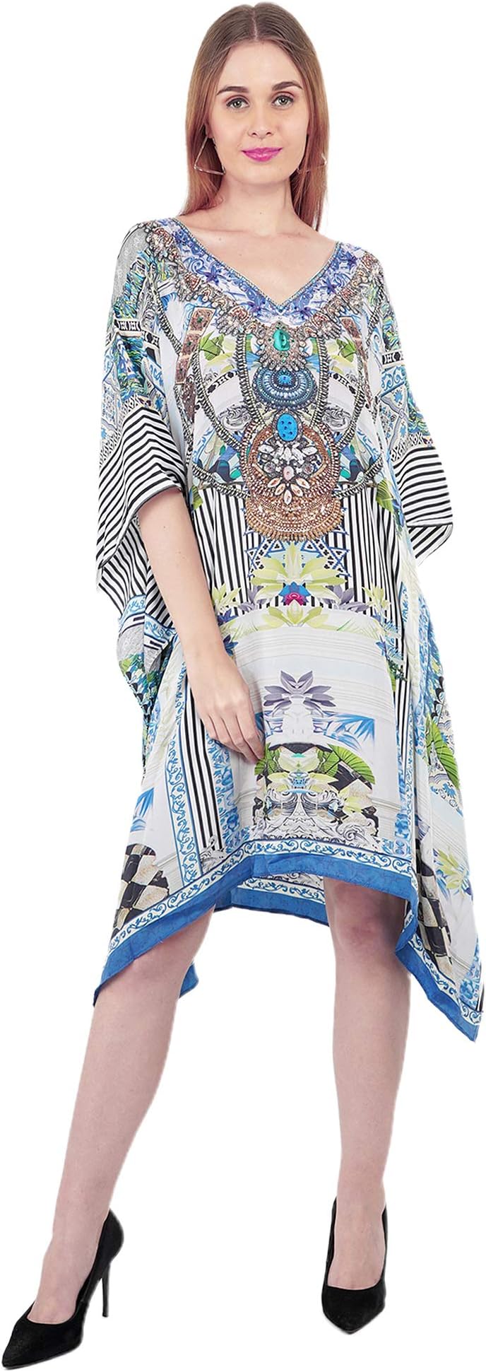 Craft TradeKaftan Dresses for Women Cotton Short Stylish Kneelength Floral Printed Multicolor Kaftan Nighty Beach Swimsuit Cover Up Maxi Dress for Women - 36 Inches Long