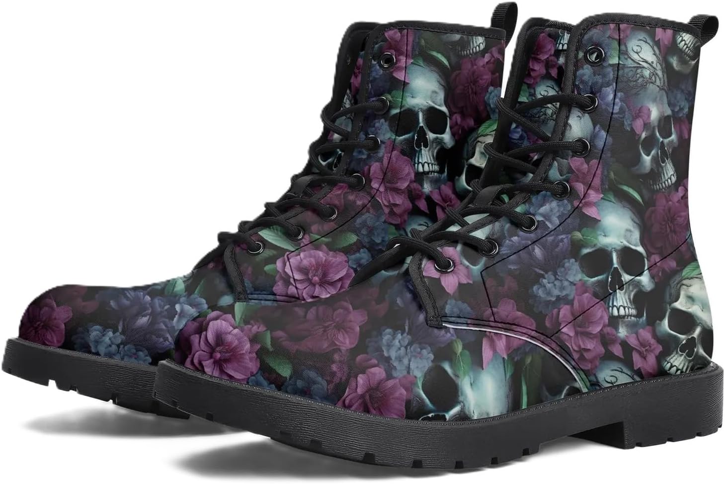 Women's Printed Combat Boots with Skull Flower Rose Floral Shoes Lace Up Platform Booties Fashion Punk Gothic Casual Comfortable Motorcycle Boots for Daily Travel Halloween Party, Style4