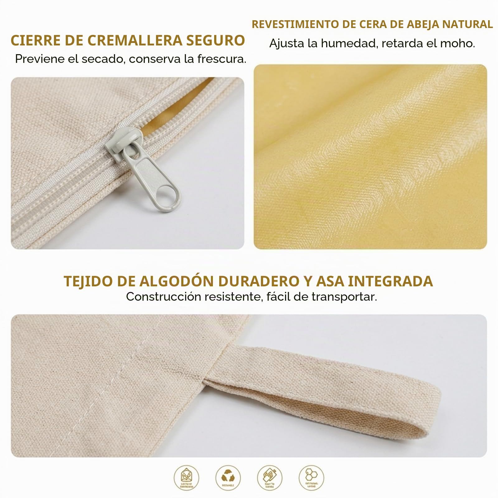 Bolsa para Pan con Cera de Abeja, Bolsas Reutilizables de Almacenamiento con Cremallera y Asa, Algodón Natural para Pan Casero y de Masa Madre (Pack de 2, 33x43cm)