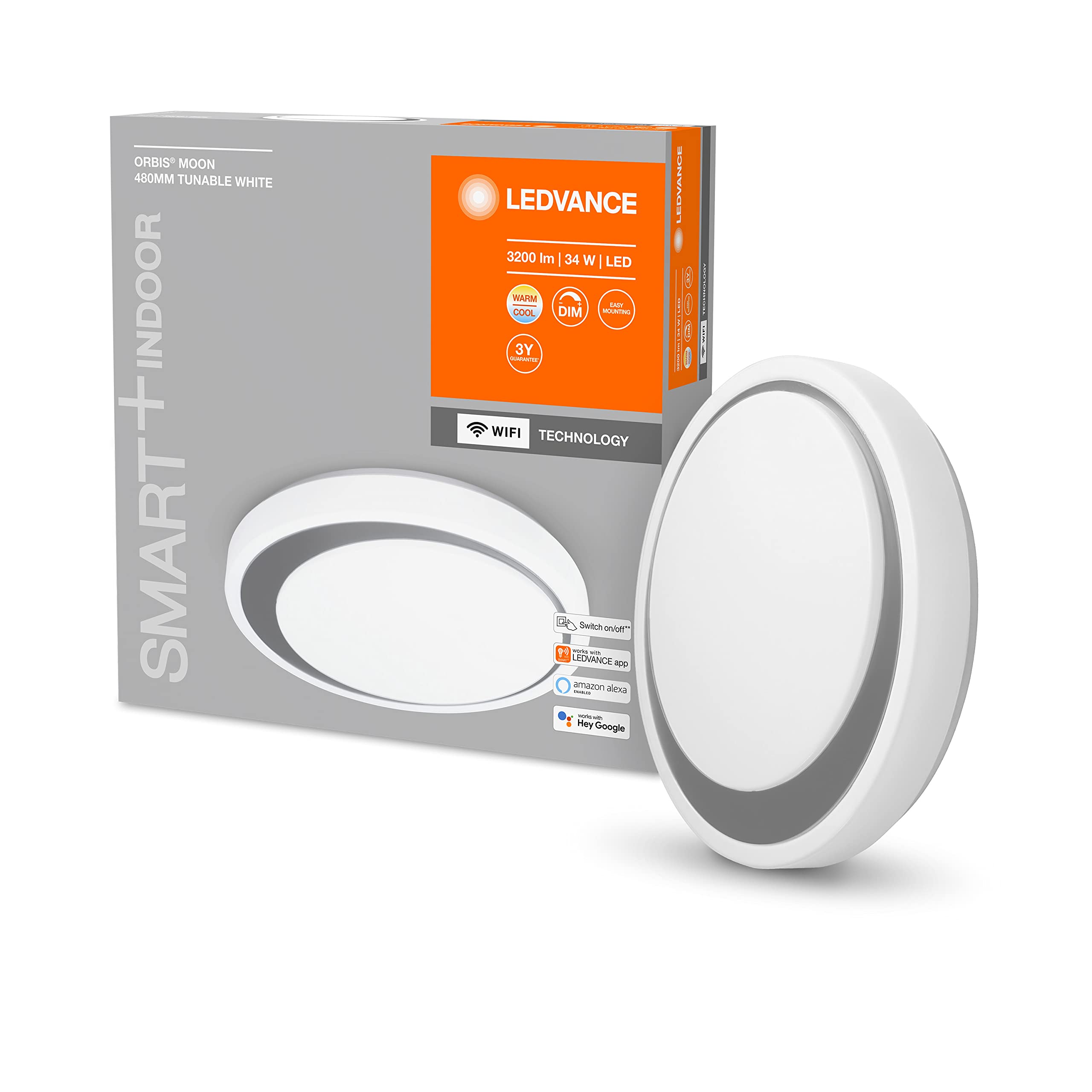 LEDVANCE Applique e plafoniera LED intelligente per interni con tecnologia WiFi, colore della luce variabile (3000K-6500K), grigio, 480mm, compatibile con Google e Alexa, SMART+ WIFI ORBIS MOON