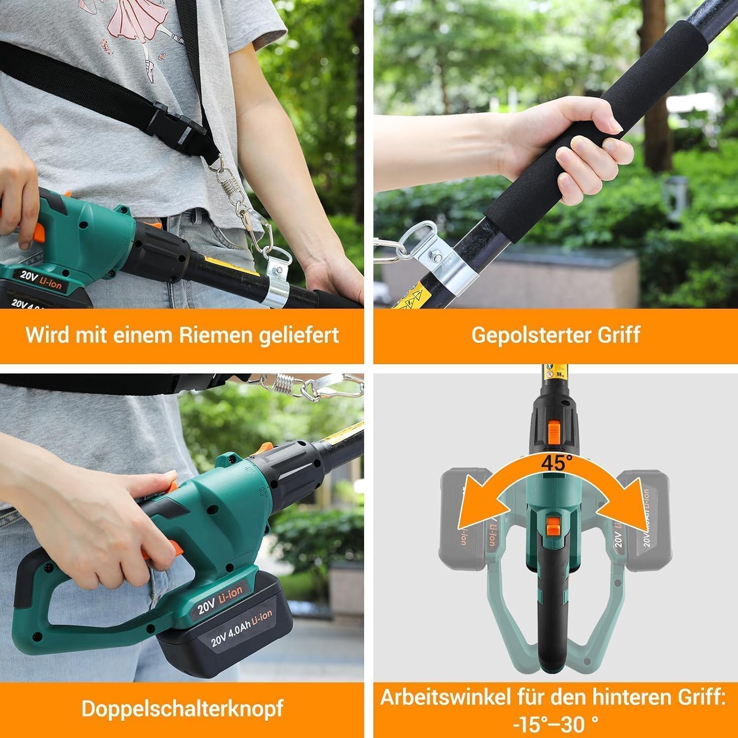Élagueur sur Perche sans Fil, Perches Élagueuses Électrique, avec Tube d'Extension, Batterie Li-Ion 20 V 4 Ah/Chargeur, Longueur de Lame 20 cm, Vitesse de Chaîne 5 m/s, Tête Inclinable, Portée 4 m