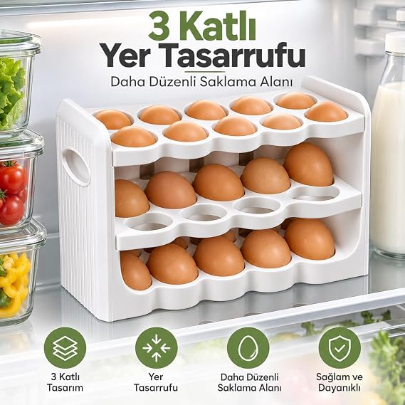 3 Katlı 30'lu Yumurta Organizeri, Plastik, Beyaz, 26x9,5x17 cm