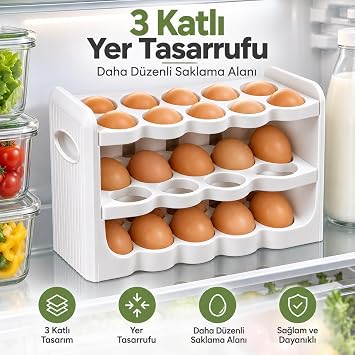3 Katlı 30'lu Yumurta Organizeri, Plastik, Beyaz, 26x9,5x17 cm