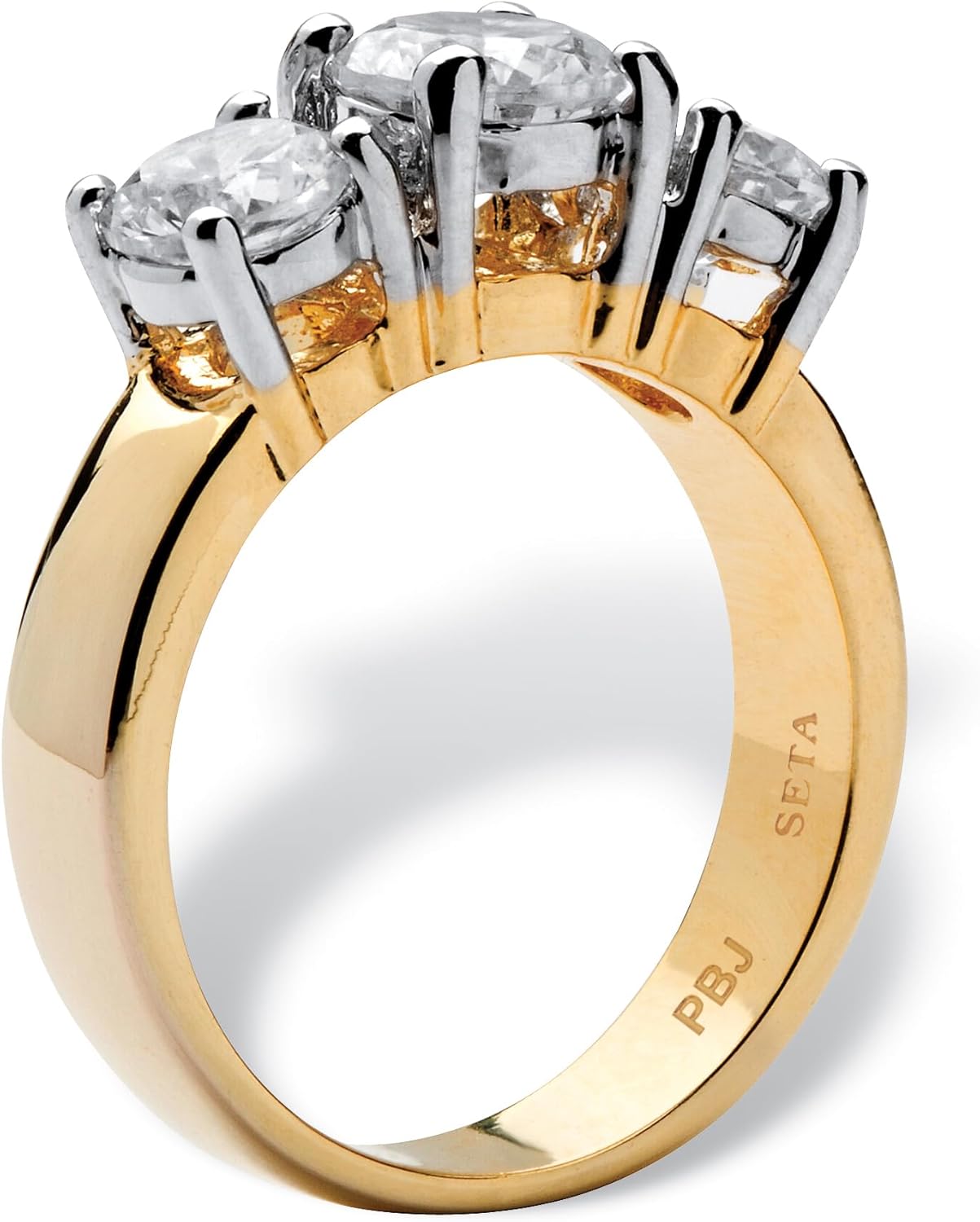 PalmBeach Yellow Gold-Plated Round Cubic Zirconia 3-Stone Bridal Ring Sizes 5-10