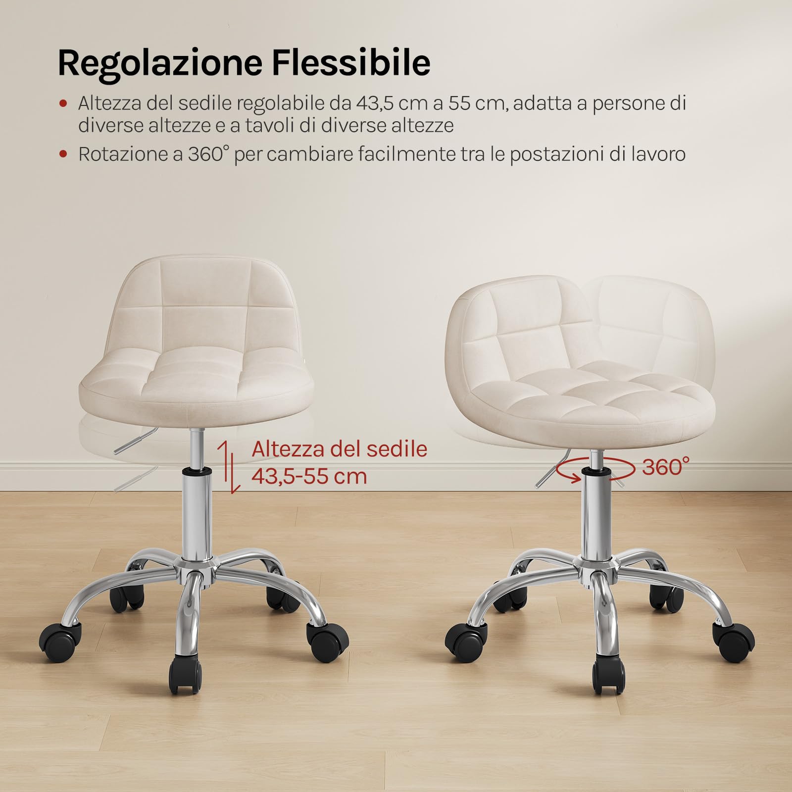 WOLTU Sgabello con Ruote, Sedia da Trucco, Altezza Regolabile per Estetista Parrucchiere, Tattoo Studio e Salone, Velluto, Crema
