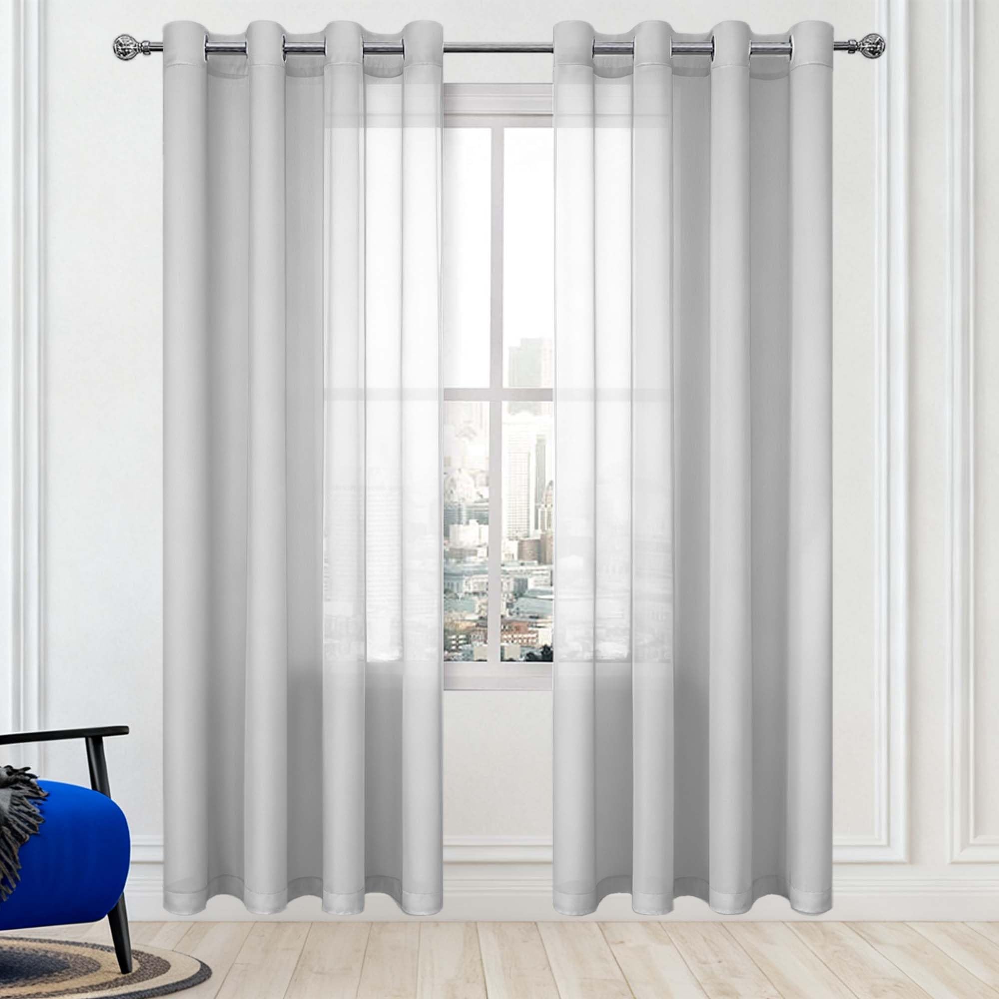 Rideau voile 490x175 cm gris clair à oeillets pour fenêtre de salon