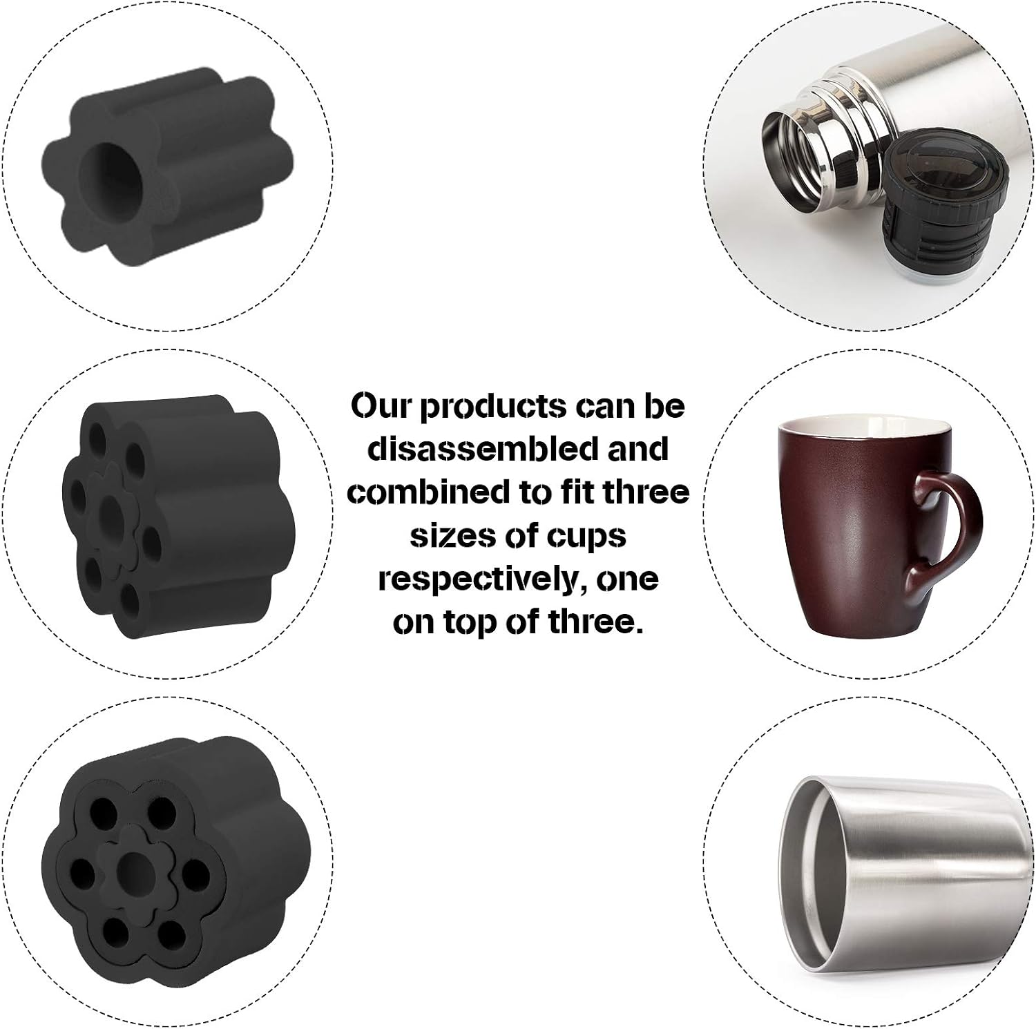 Three in One Cup Turner Foam Set 3 Sizes (1.57/3.19/3.74 Inches) in One Cup Turner Foam Inserts for Tumblers Cups Water Bottles, Detachable and Easy Combination (Black, White, Pink, Blue,4 Pieces)
