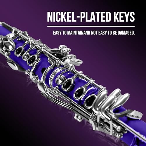 Miniatura 4 de Soulmate Clarinete Bb Flat 17 teclas de níquel Clarinete morado para estudiantes principiantes con estuche rígido de 2 barriles y kit de limpieza