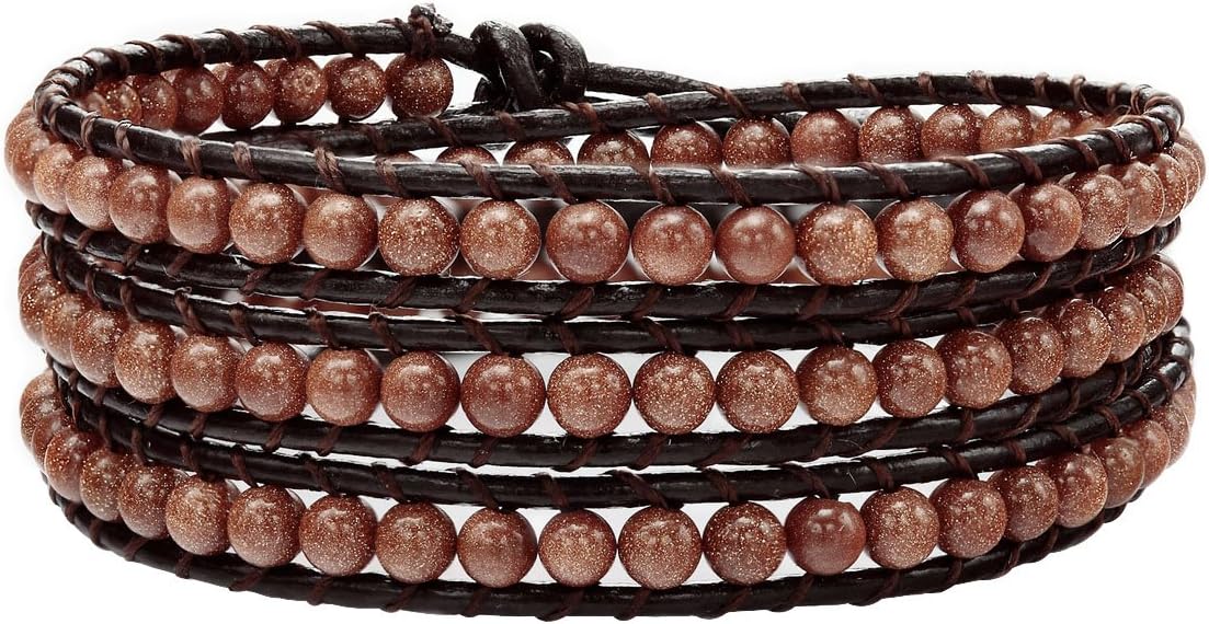 OKA JEWELRY Handmade Natural Gold Sand Agate Beads 3 Strands Leather Wrap Bracelet