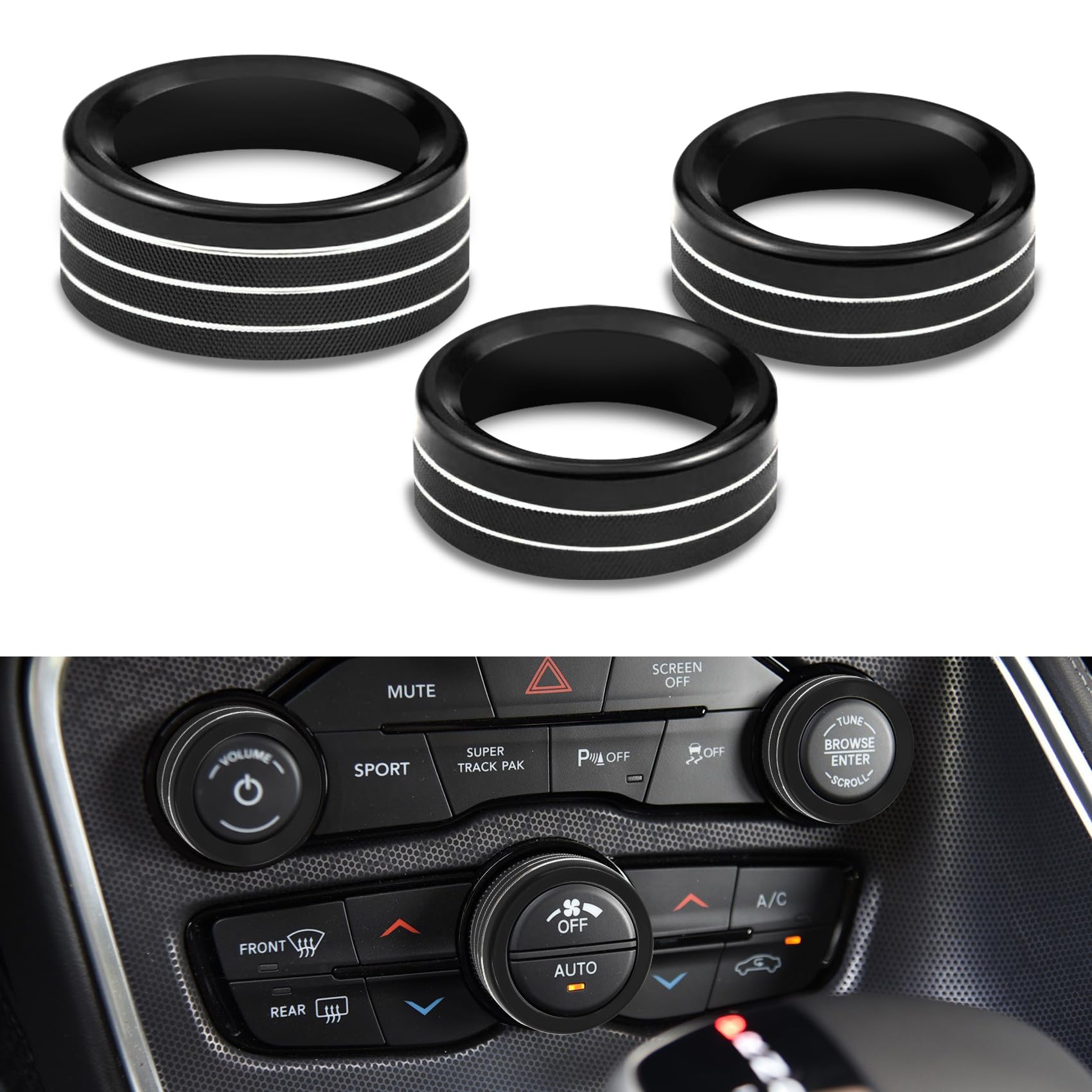 3PCS AC Air Conditioner Switch Button Knob Cover, Climate Control Knob Cover, AC Switch Volume Tune Controller Aluminum Alloy Trim, Car Accessories for Challenger Durango 2015-2022 (Black)