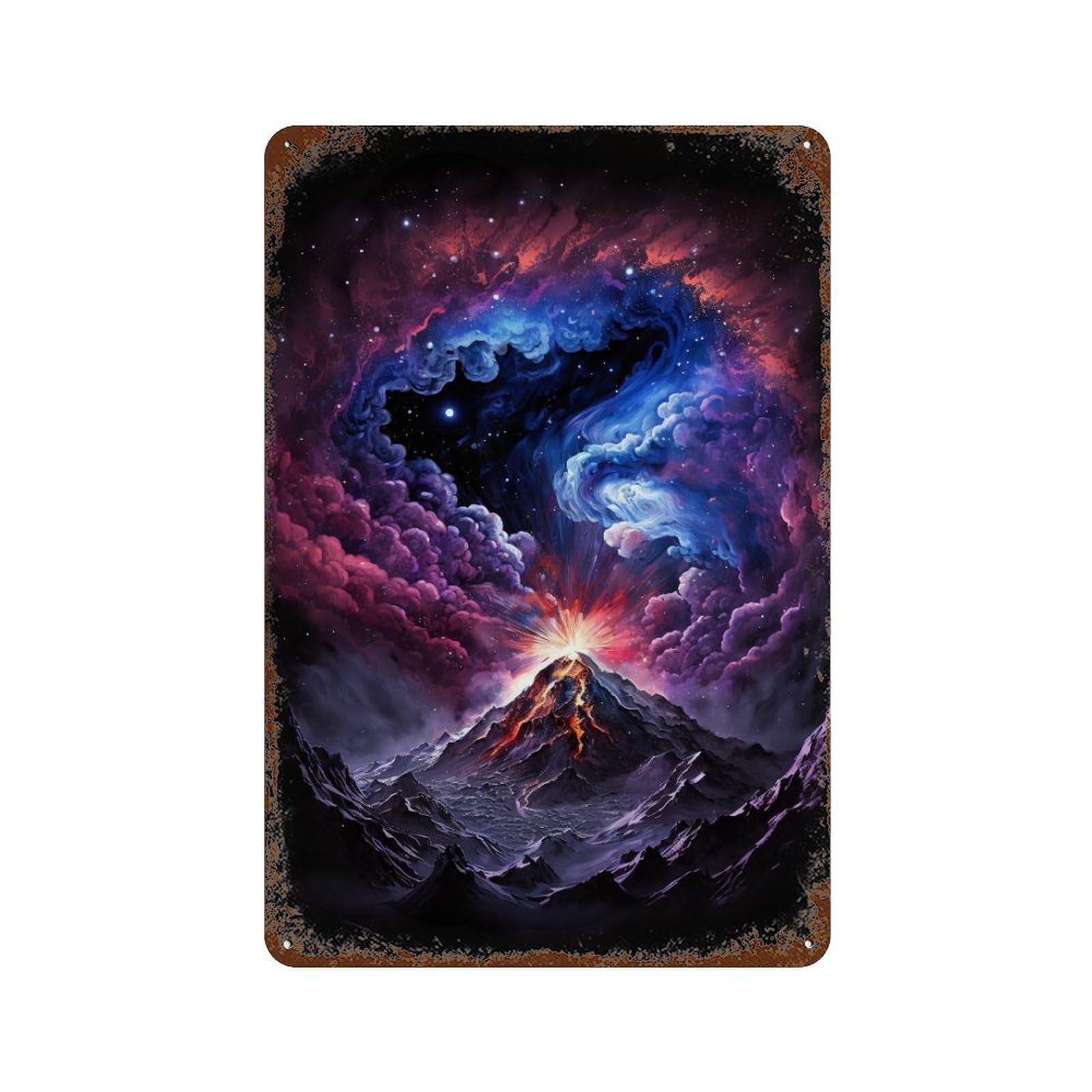Rust Effect Volcanic Eruption in Space Aged Metal Wall Plaque 11.8"x7.9", Classic Wall Plaque for Basement, Hobby Room And Garage Decor