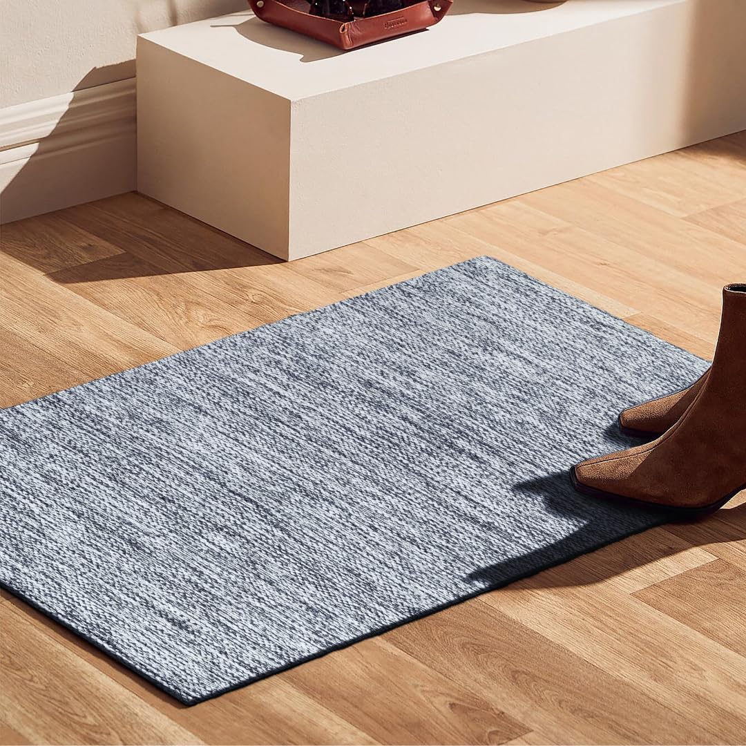 Hand Woven Area Rug Jute Denim 2x3 Feet - Rustic Farmhouse Bohemian Accent Rug for Living Room Bedroom Kitchen Entryway Floor Mats Anti Skid - Ideal for High Traffic Areas Rag Rug