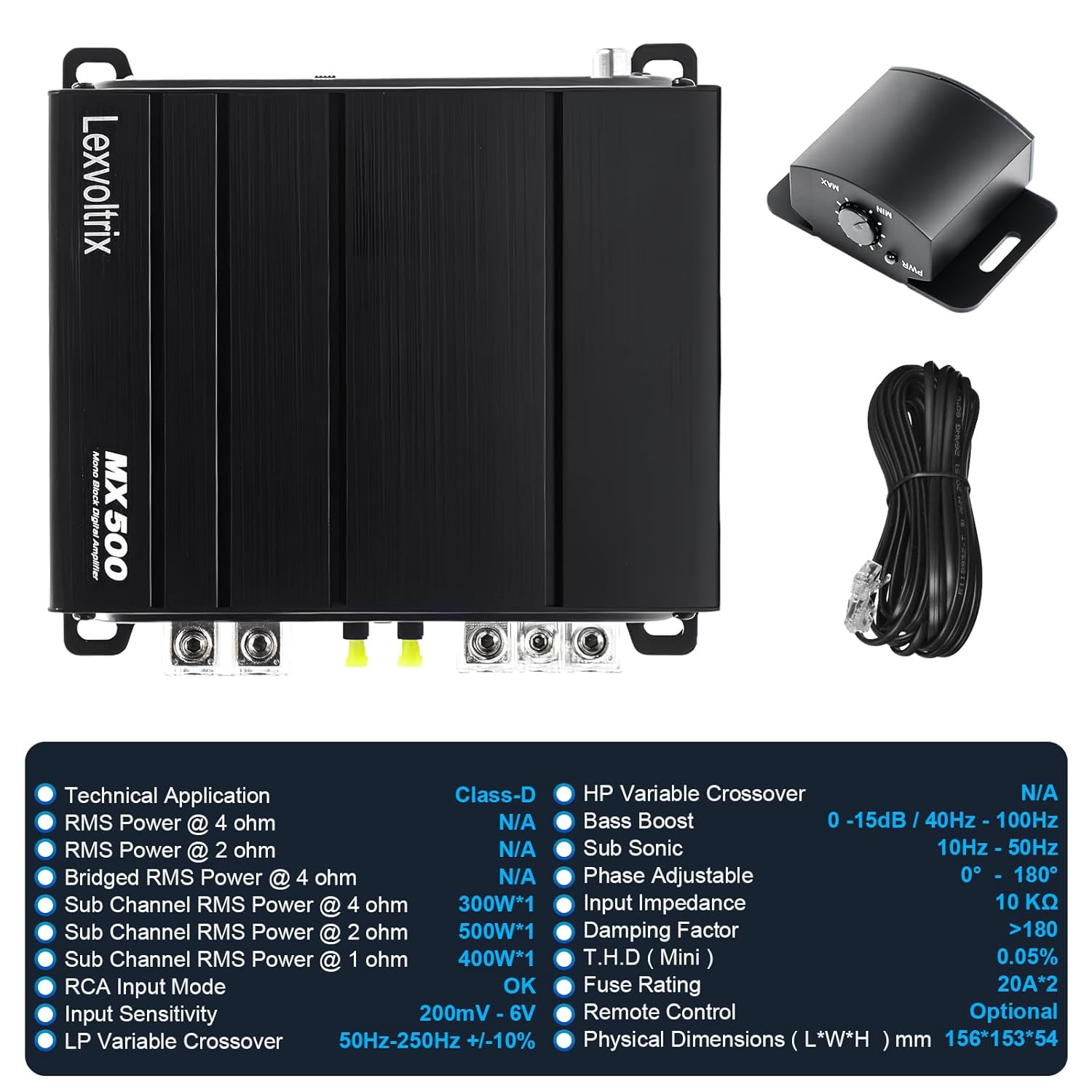 500W RMS Class D Monoblock Subwoofer Amplifier, 1Ω Stable Car Audio Amp, 30-200Hz LPF, Bass Boost, Phase Control