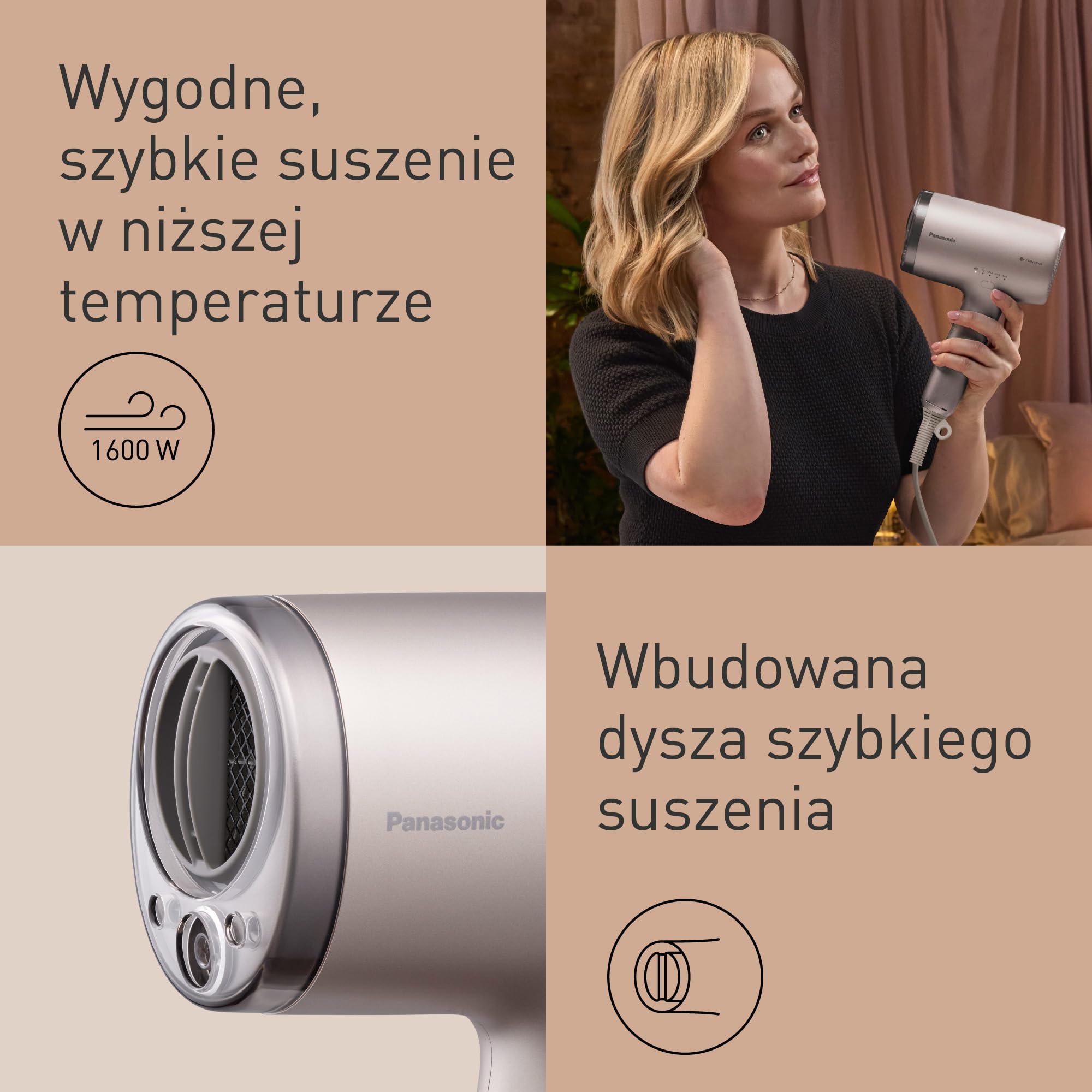 Panasonic EH-NA9N-E825 suszarka do włosów z jonizacją, nanoe, szybkie suszenie bez uszkodzeń, inteligentne czujniki, tryby pielęgnacji skóry głowy i twarzy, koncentrator, 1600 W, Greige