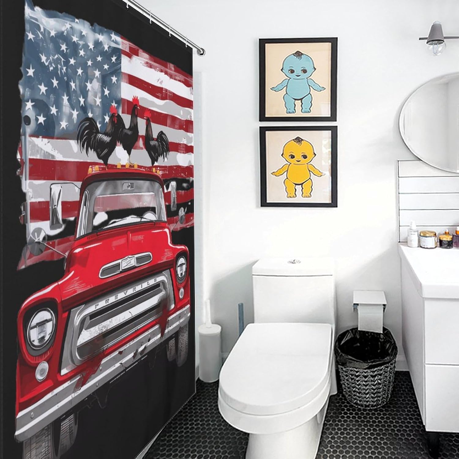 Independence Day Car Roosters Funny Shower Curtains Washable Bath Curtain Liner with Hooks for Bathroom Bath Tubs