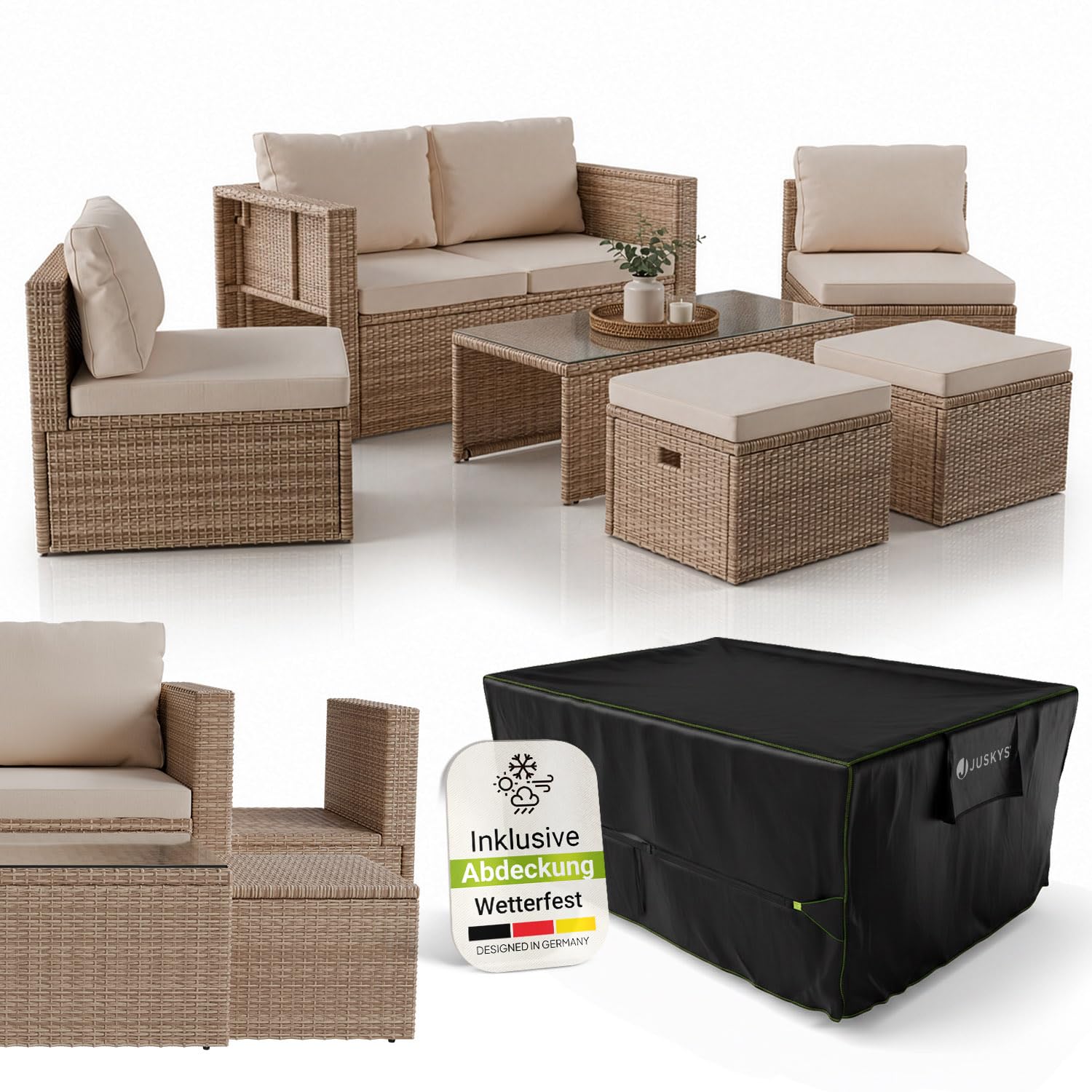 Juskys® Polyrattan Gartenmöbel Set Salou inkl. Abdeckung - Outdoor Lounge wetterfest 6 Personen - Sitzecke mit Tisch & Kissen für Garten, Balkon, Terrasse - Creme/Sand