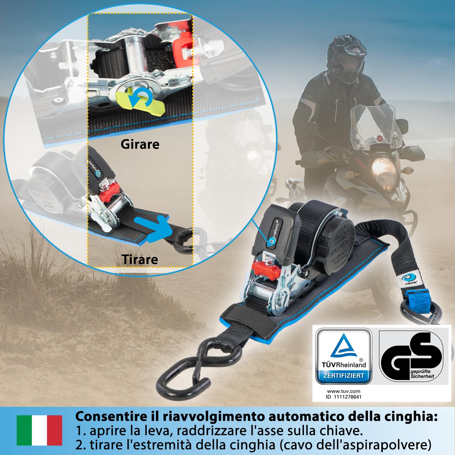 valonic PANDA - 2x 5m Cinghie di fissaggio automatiche con gancio a moschettone, 25mm, 300/600 Kg, imbottite, certificate TÜV Rheinl. e GS, EN 12195-2 - con cricchetto, nero