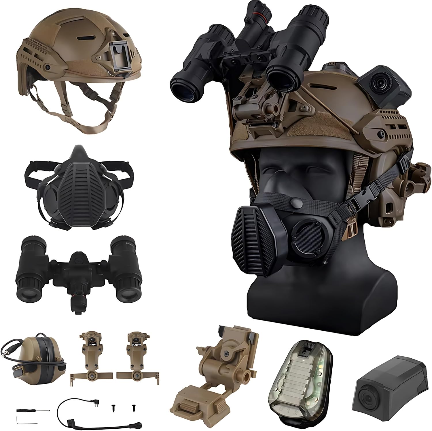 Tactical MK Helmet Set with Airsoft Headset, Half Breath Dust Mask, AN/PVS31 Dummy NVG, Signal Light & Helmet Camera Model – Cosplay Gear