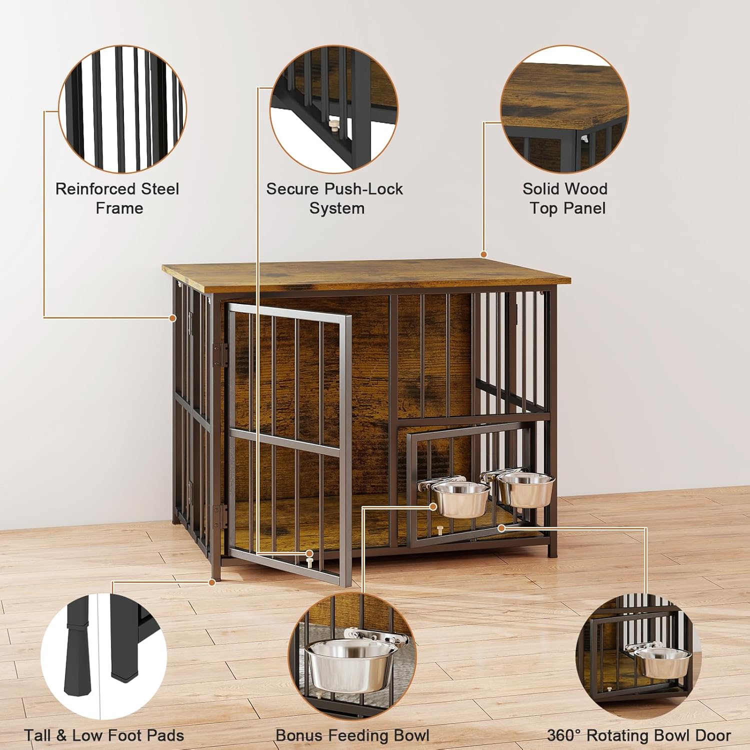 Hadulcet Foldable Dog Crate Furniture, No Assembly Indoor Dog Kennel with Storage Top, Wooden Dog Crate Table for Small to Medium Dogs, 27.55” Furniture Style Dog Cage with 2 Bowls Rustic Brown